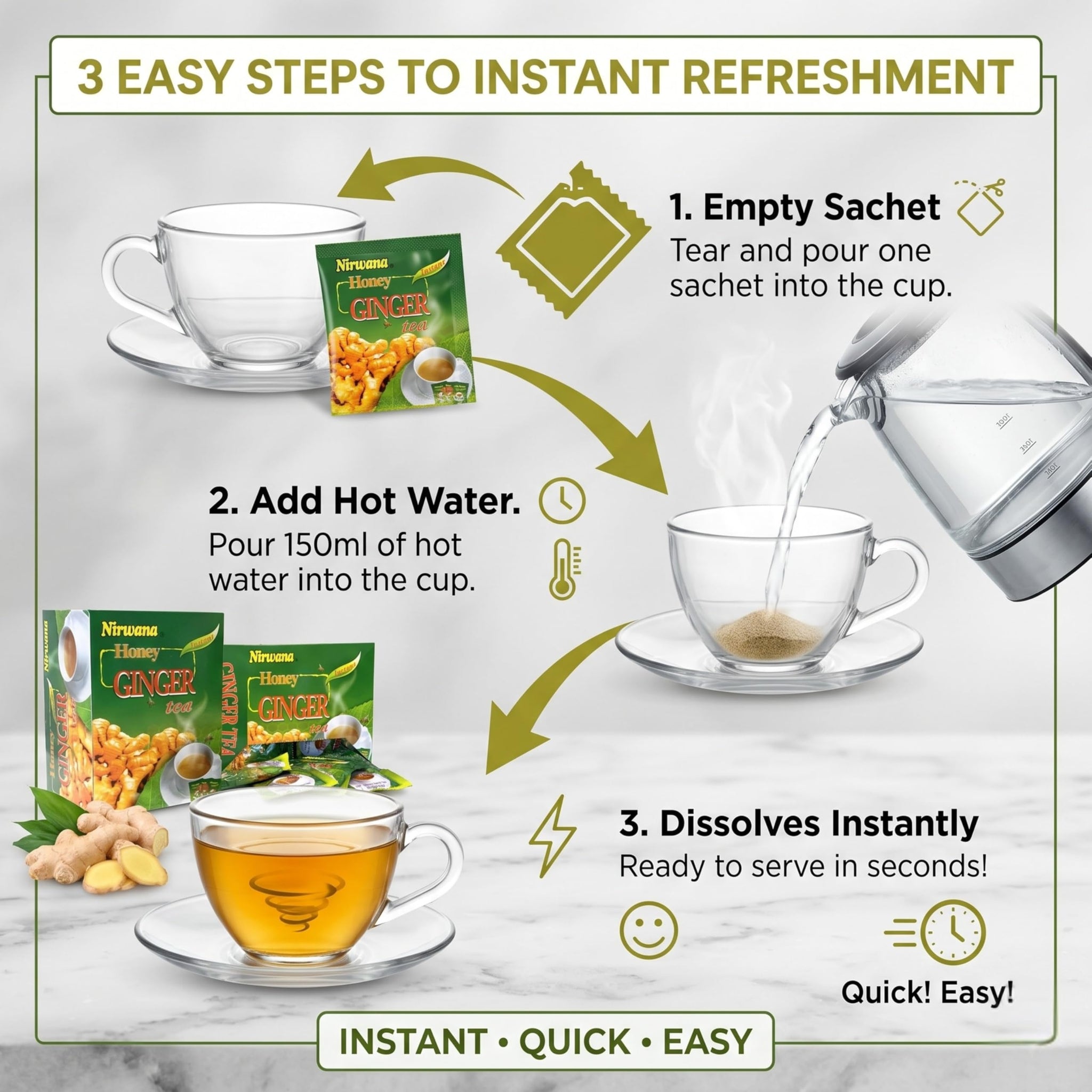 Nirwana Honey Ginger Herbal Tea - Caffeine-Free Ginger Tea Bags with Honey Flavor, Smooth Herbal Infusion, Warm & Aromatic Tea (20 Sachets)