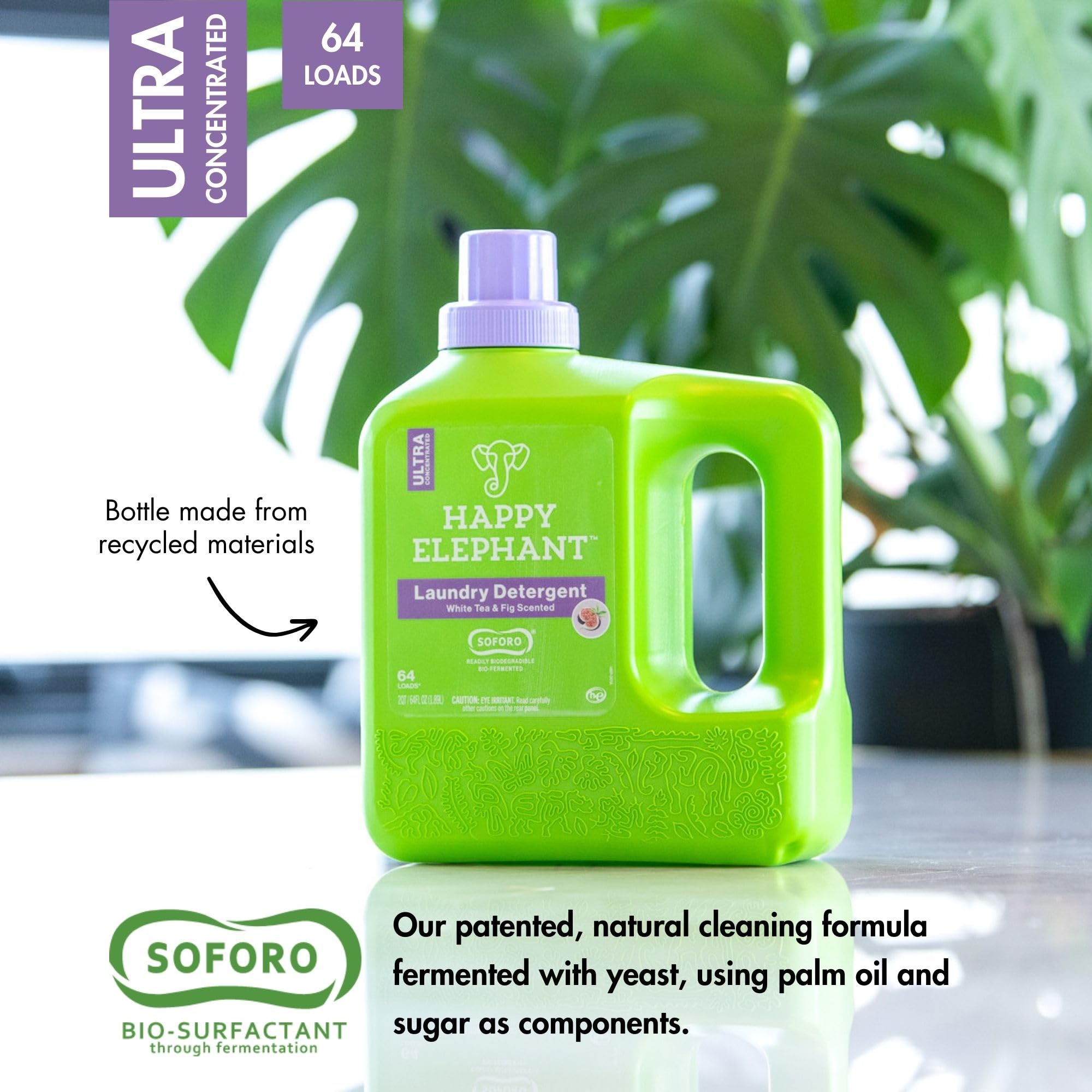 Happy Elephant Laundry Detergent, White Tea & Fig Scent, Ultra Concentrated Washing Machine Laundry Soap, Plant Based, Stain Remover, Gentle on