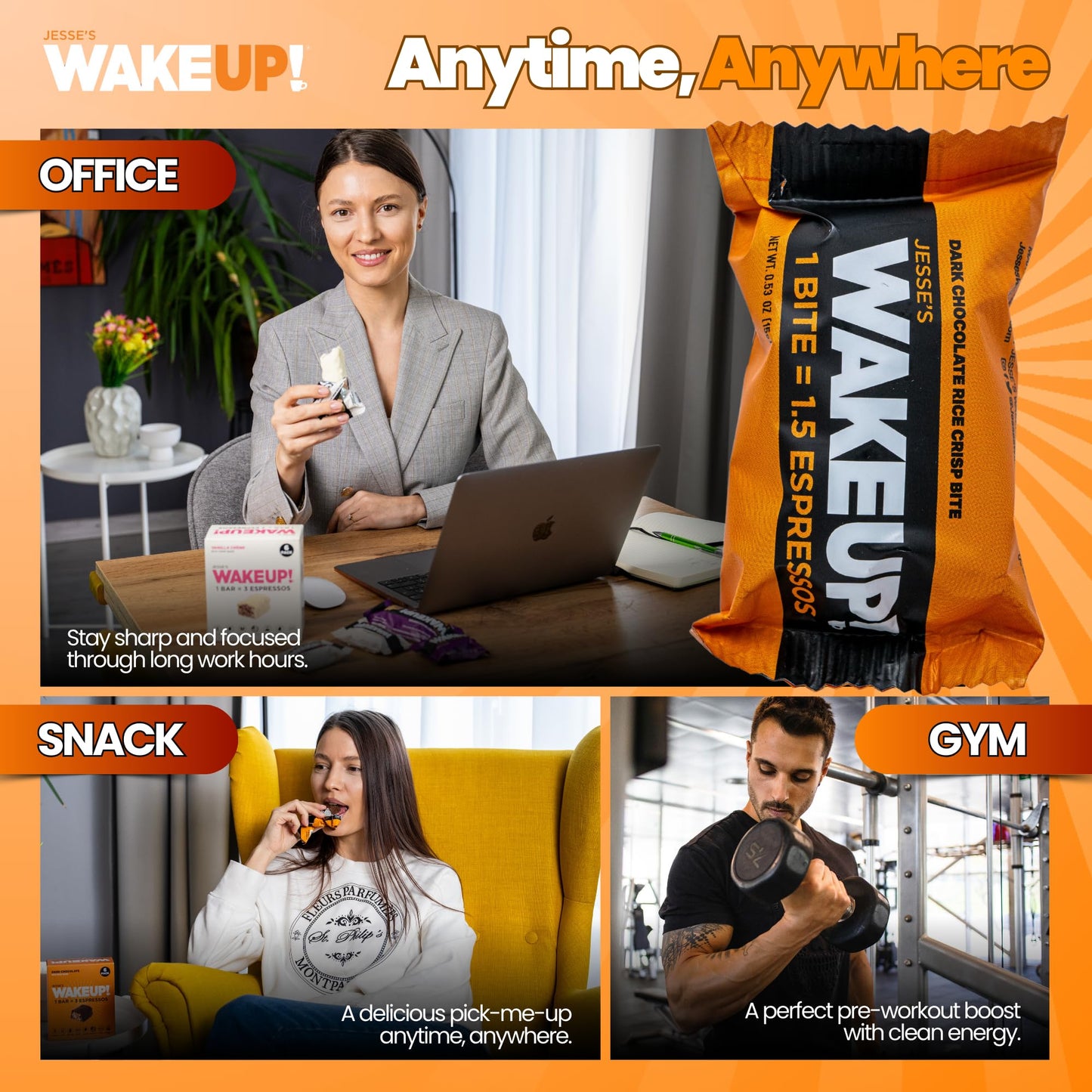 WAKEUP! Caffeinated Rice Crisp Energy Bites, Dark Chocolate, 8 Pack | 175mg Caffeine Per Bar = 1.5 Espressos | Vegan, Gluten-Free, Kosher | Coffee