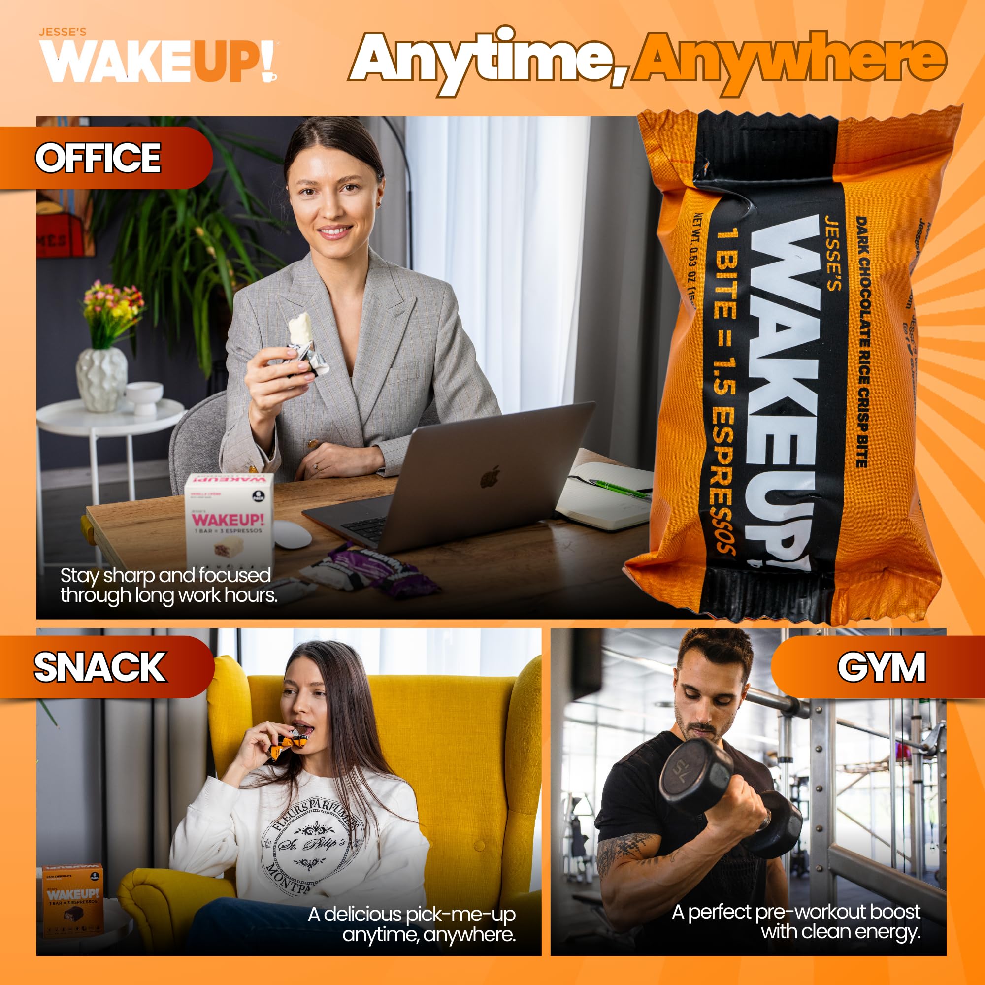 WAKEUP! Caffeinated Rice Crisp Energy Bites, Dark Chocolate, 8 Pack | 175mg Caffeine Per Bar = 1.5 Espressos | Vegan, Gluten-Free, Kosher | Coffee
