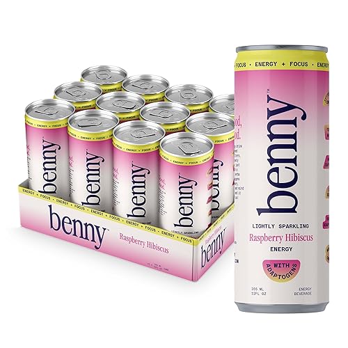 Benny Raspberry Hibiscus Sparkling Clean Energy Drink | 80mg Natural Caffeine Yerba Mate | Lion's Mane & Ginseng | 1g Sugar, 5 Calories | No