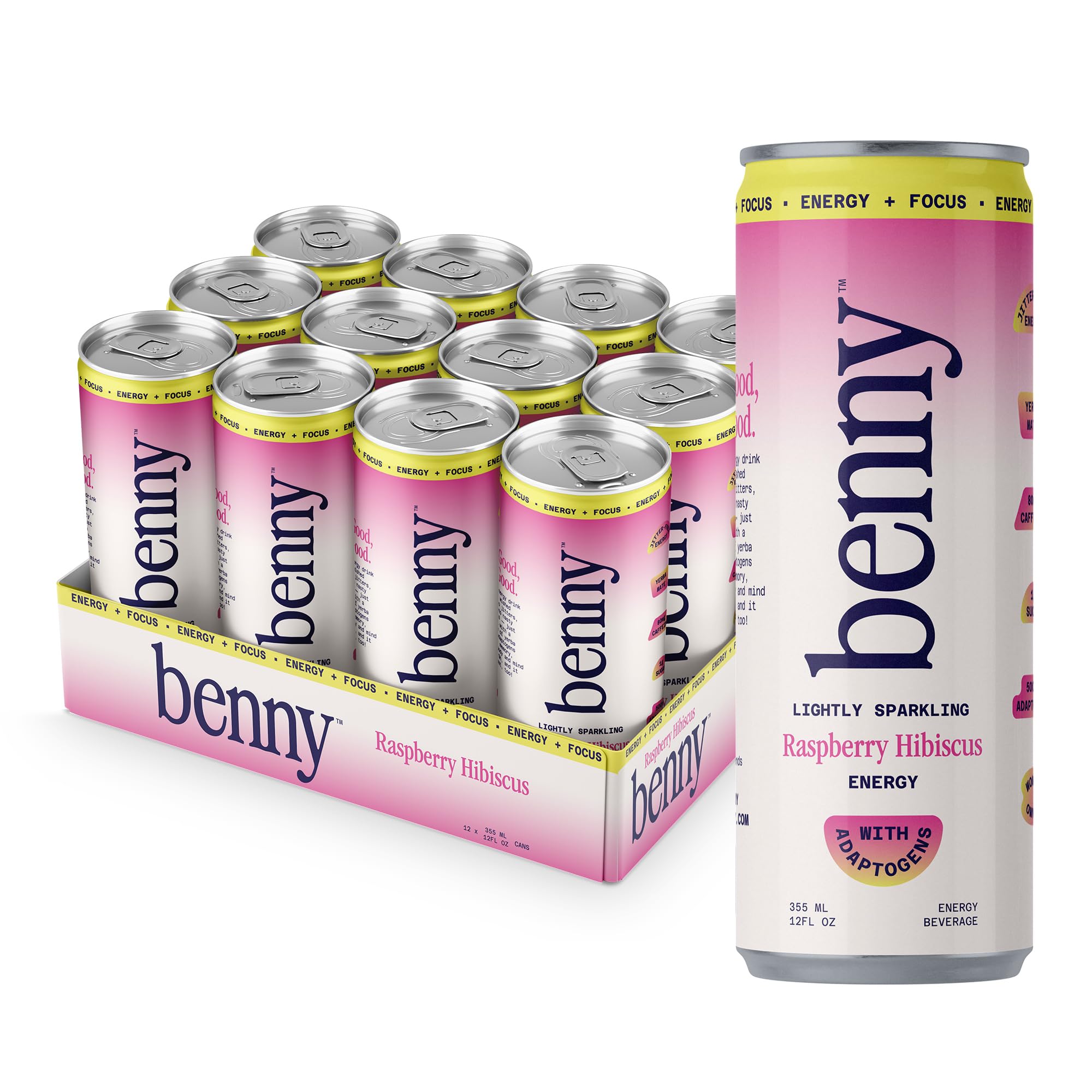 Benny Raspberry Hibiscus Sparkling Clean Energy Drink | 80mg Natural Caffeine Yerba Mate | Lion's Mane & Ginseng | 1g Sugar, 5 Calories | No