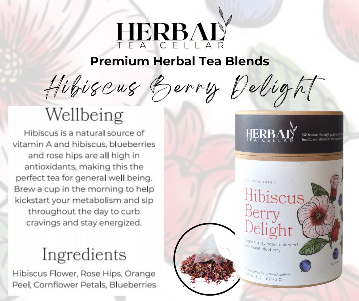 Herbal Tea Cellar Hibiscus Berry Delight - Premium Full-Leaf Organic Hibiscus & Blueberry Herbal Tea | Bright, Fruity & Rich in Antioxidants |