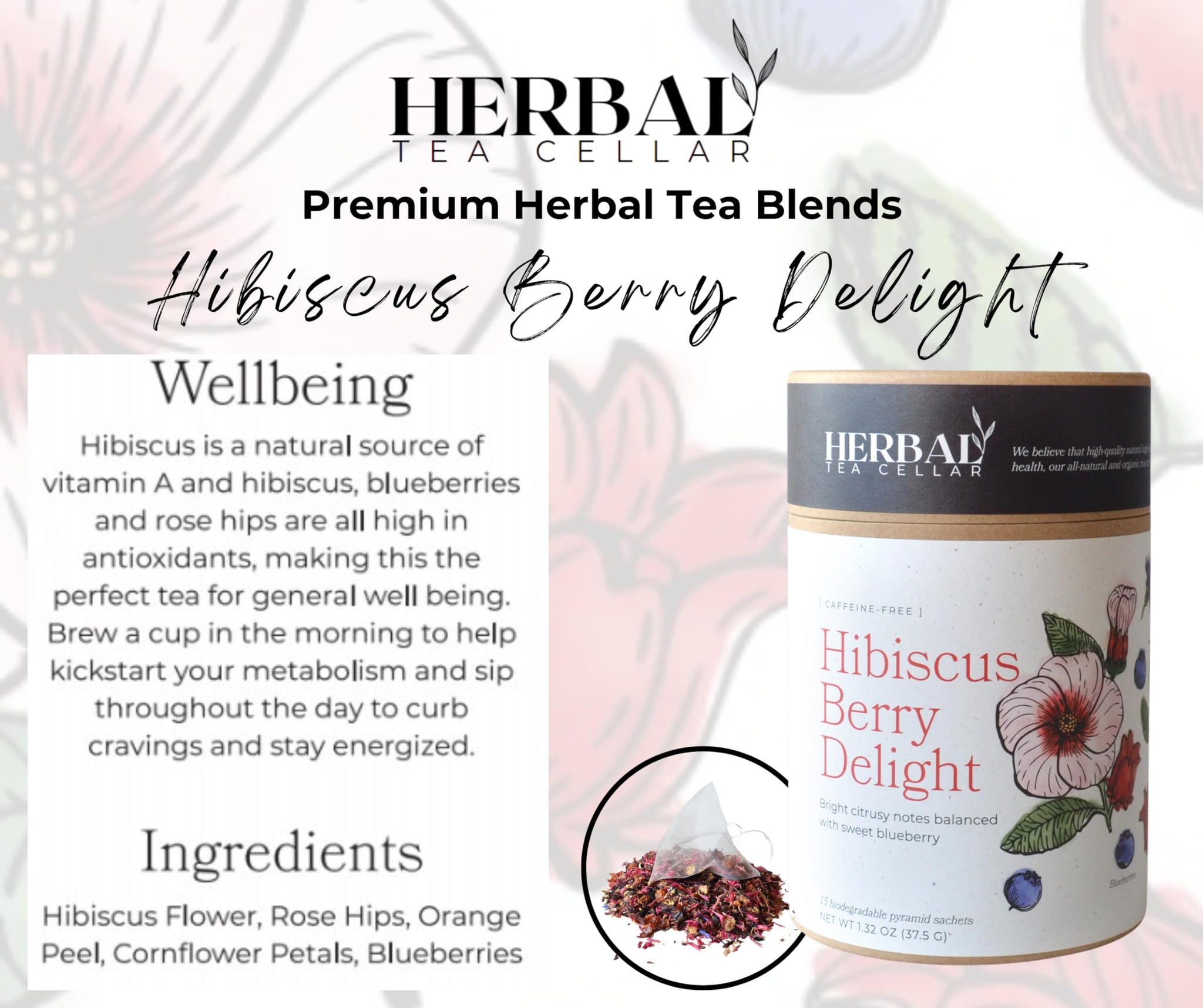 Herbal Tea Cellar Hibiscus Berry Delight - Premium Full-Leaf Organic Hibiscus & Blueberry Herbal Tea | Bright, Fruity & Rich in Antioxidants |