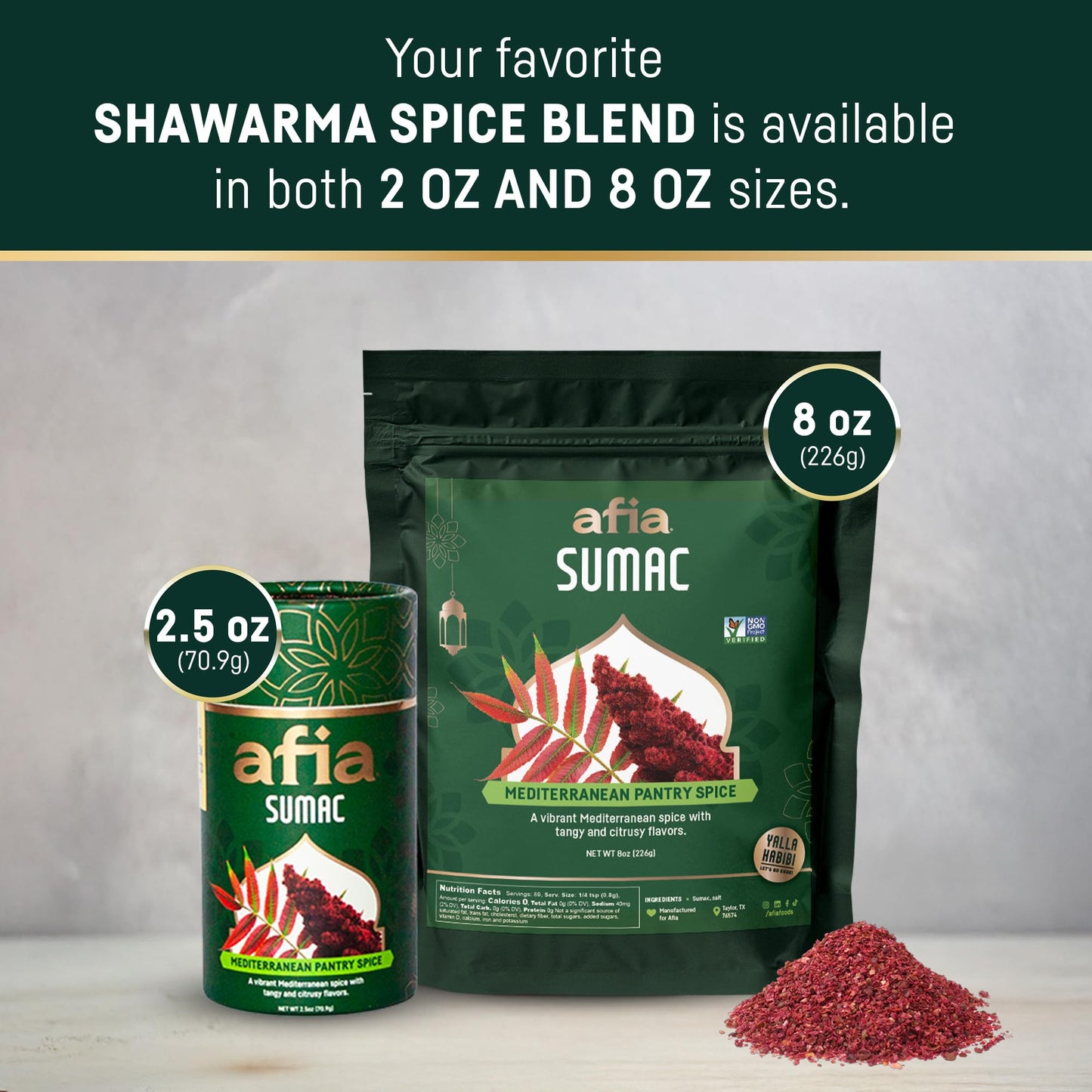 Afia - Ground Sumac Spice | Sumac Powder Pantry Spice for Middle Eastern Dishes, Meals and Cuisine | Premium Middle Eastern Spices (2.5oz)