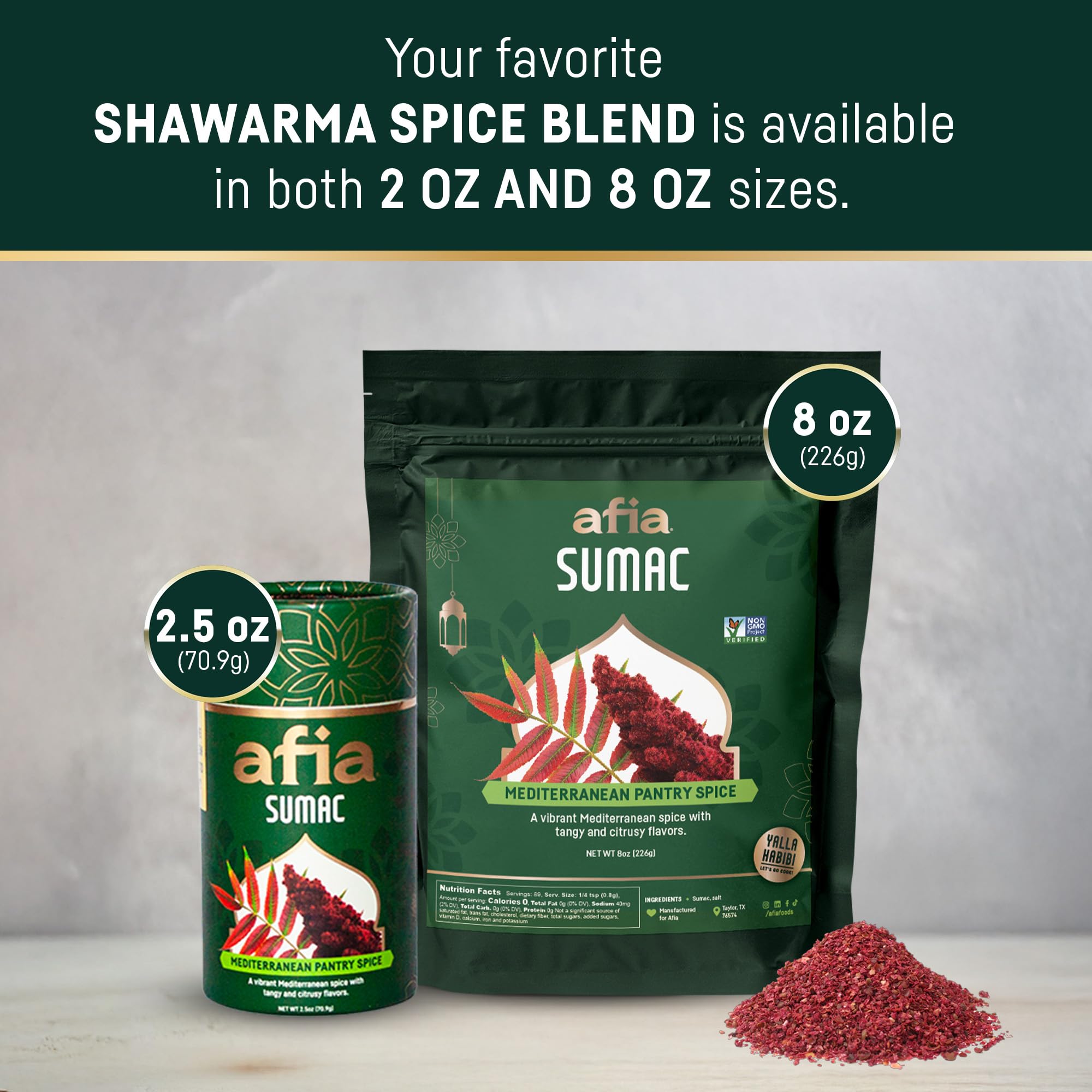 Afia - Ground Sumac Spice | Sumac Powder Pantry Spice for Middle Eastern Dishes, Meals and Cuisine | Premium Middle Eastern Spices (2.5oz)