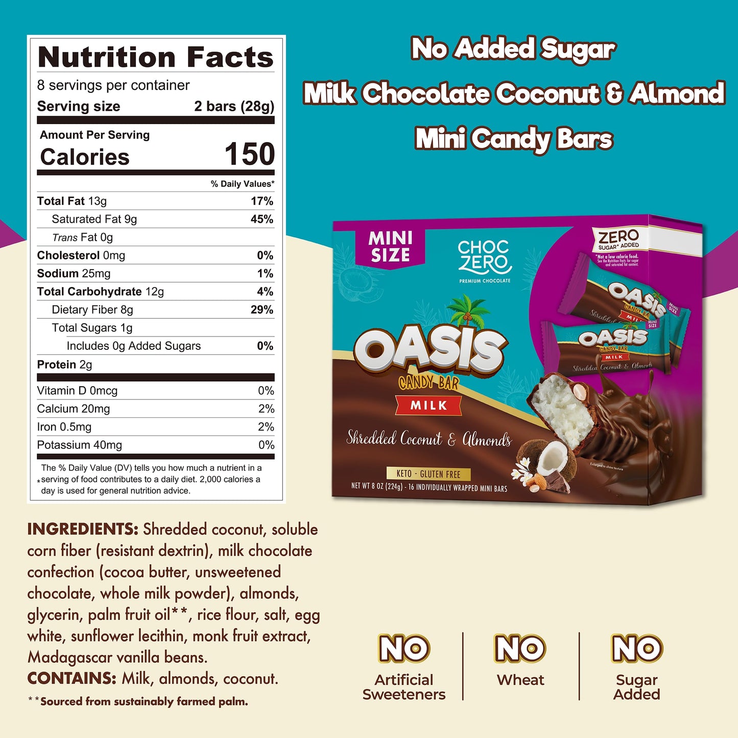 ChocZero Milk Chocolate Coconut & Almond Candy Bars, No Added Sugar, High Fiber, Gluten Free, Keto Friendly Mini Oasis Bars (16 Count Box)