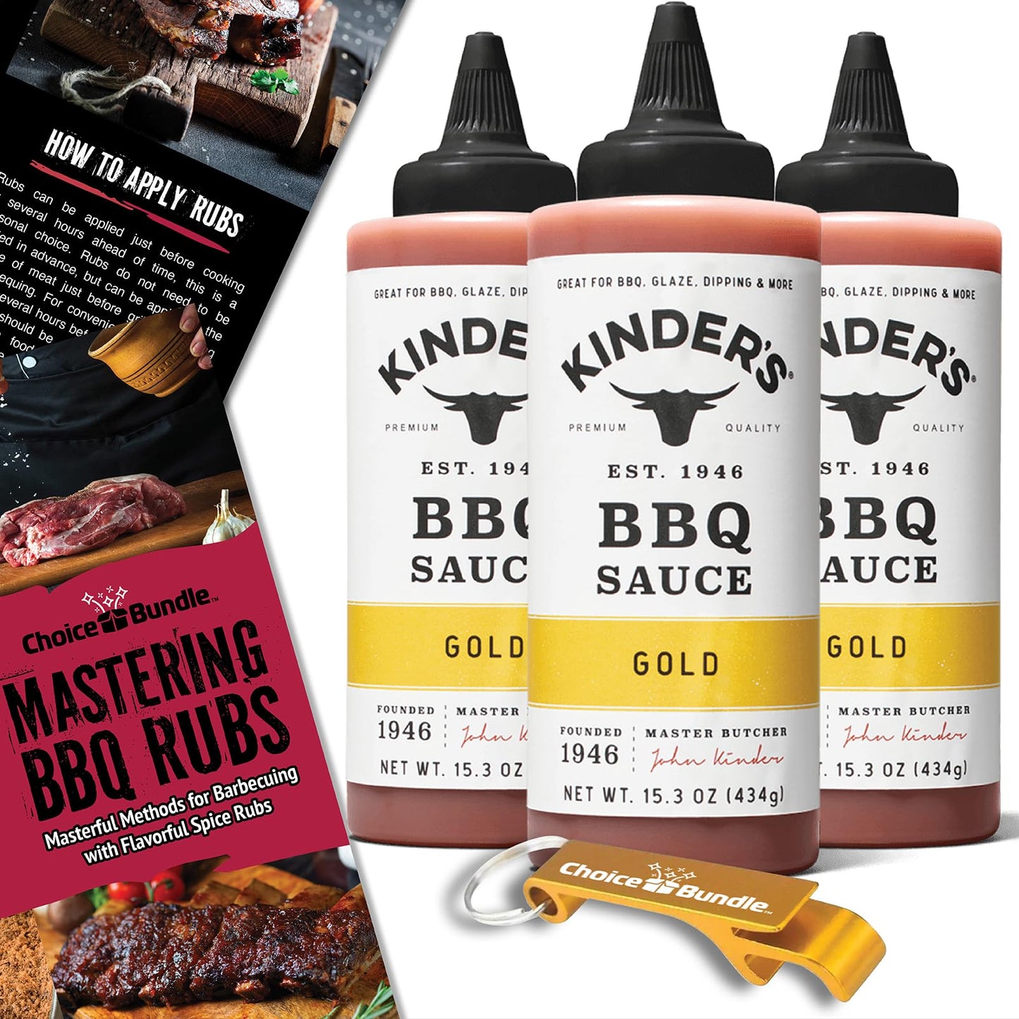 Kinder’s Gold BBQ Premium Barbecue Sauce 3 Pk (45.9 oz) Great to Dip Toss Glaze & More + Barbecue Masters & Bottle Opener (5 Items)!