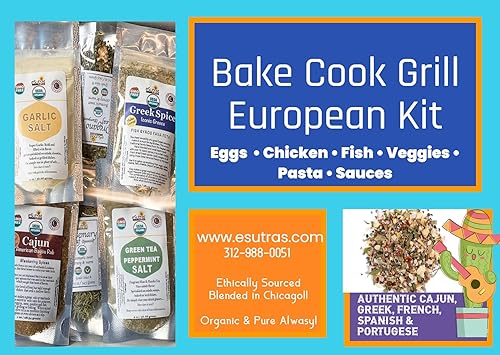 eSutras Organics European Spices, Herbs Salts & Seasoning Blends Kit |12 pc | Organic No MSG Non GMO Greek, Cajun, French Morocccon spice blends