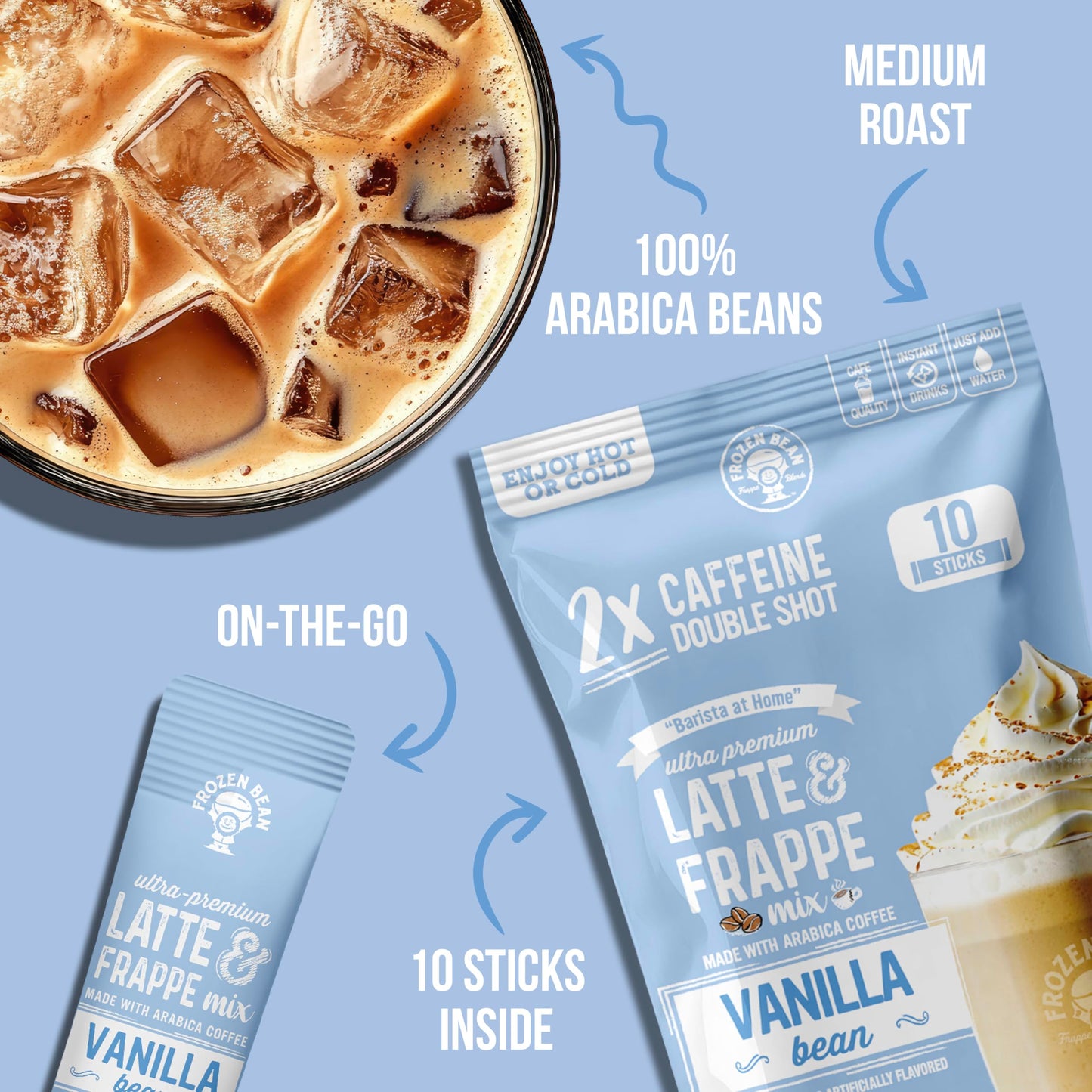 The Frozen Bean Vanilla Bean Frappe & Latte Instant Mix (10 Sticks), Made with Arabica Coffee, Double Shot Caffeine, Low Sugar & Premium Ingredients