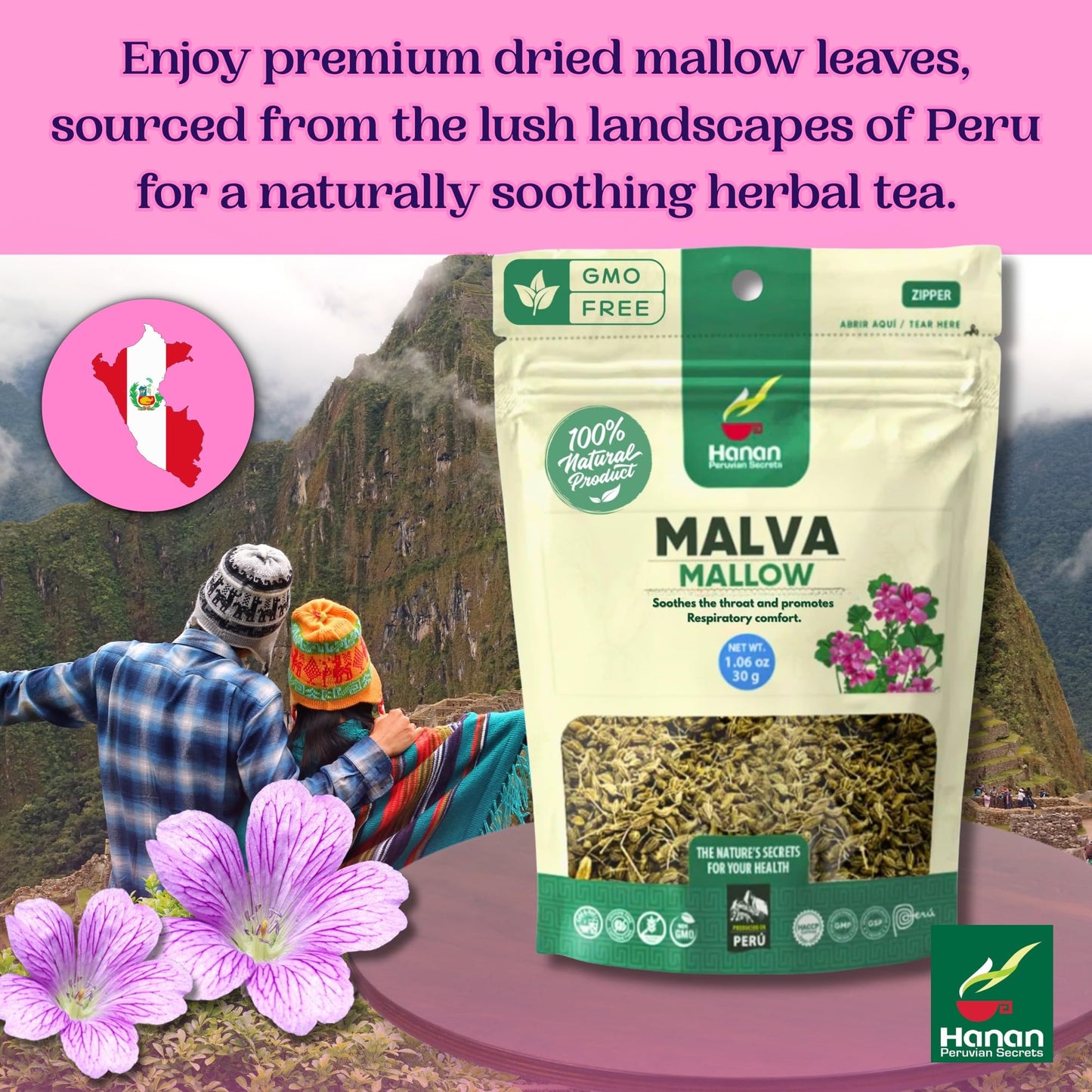 Hanan Mallow Tea Loose Leaf - Te de Malva 30g Herbal Tea Dried Malva Sylvestris Plant Leaves from Peru 1.1oz