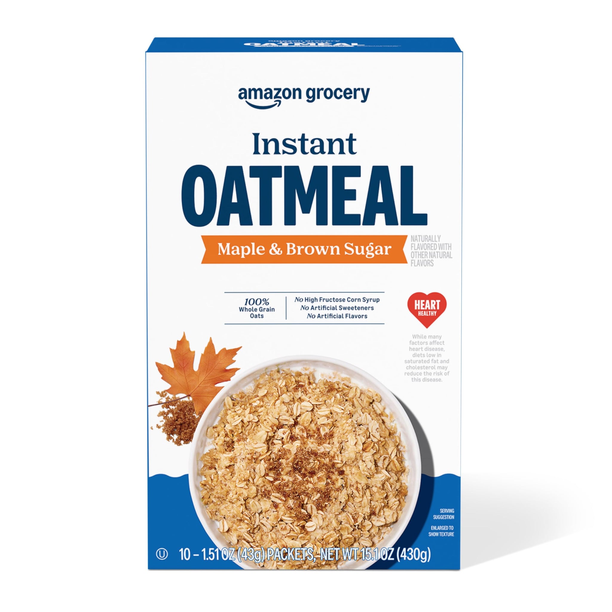 Amazon Grocery, Maple & Brown Sugar Instant Oatmeal, 15.1 Oz, 10 Ct