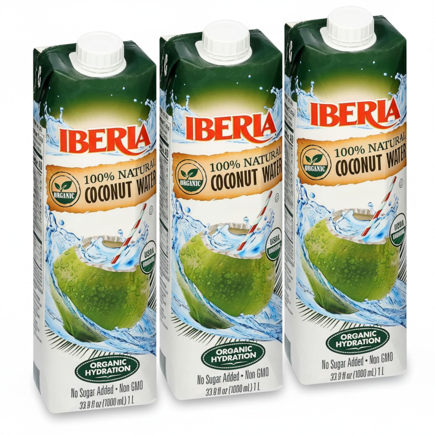 Iberia 100% Pure Organic Coconut Water, 1 Liter , 33.8 Fl Oz (Pack of 3)