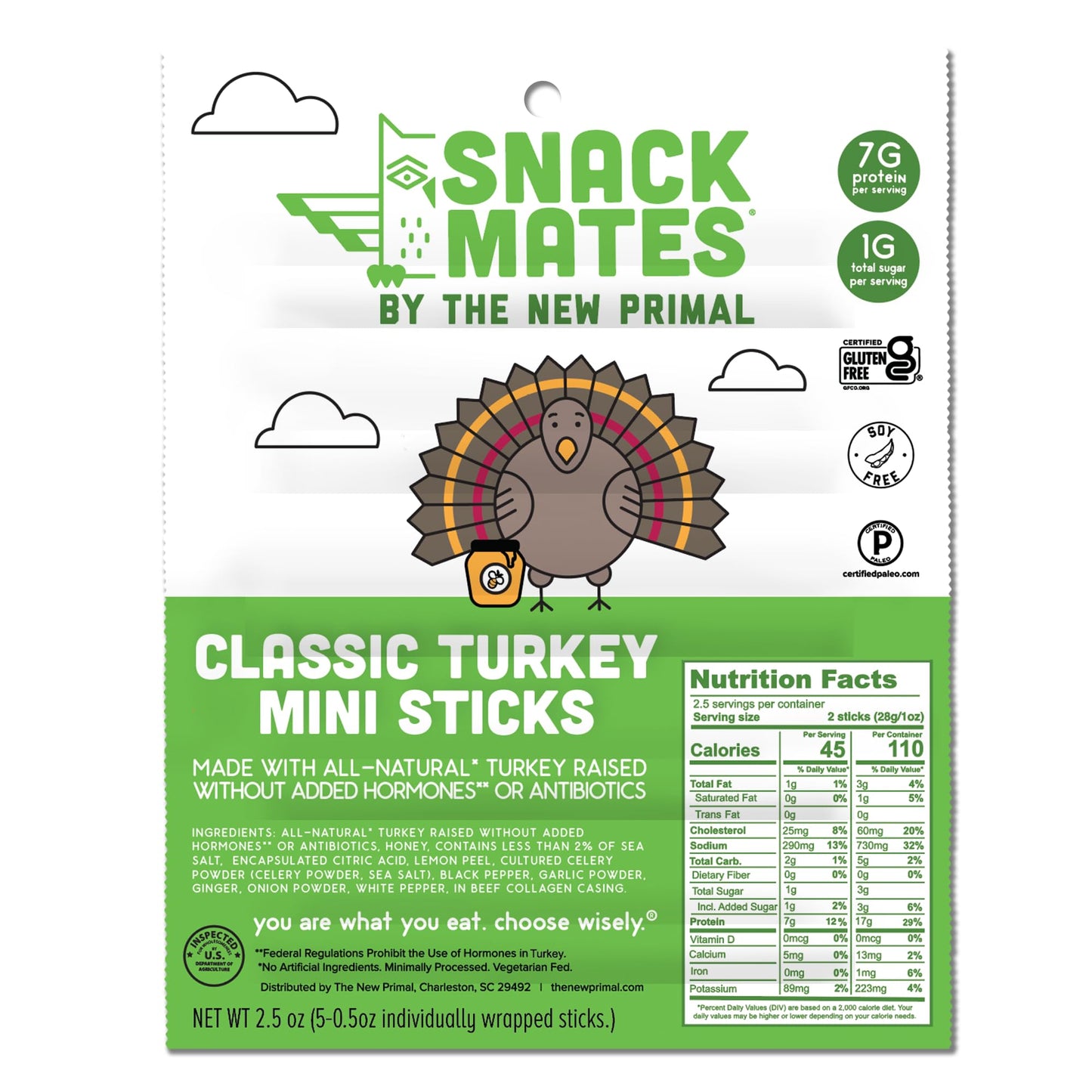 Snack Mates by The New Primal, Turkey Stick, All-Natural Turkey, High Protein and Low Sugar Kids Snack, Certified Paleo, Certified Gluten-Free