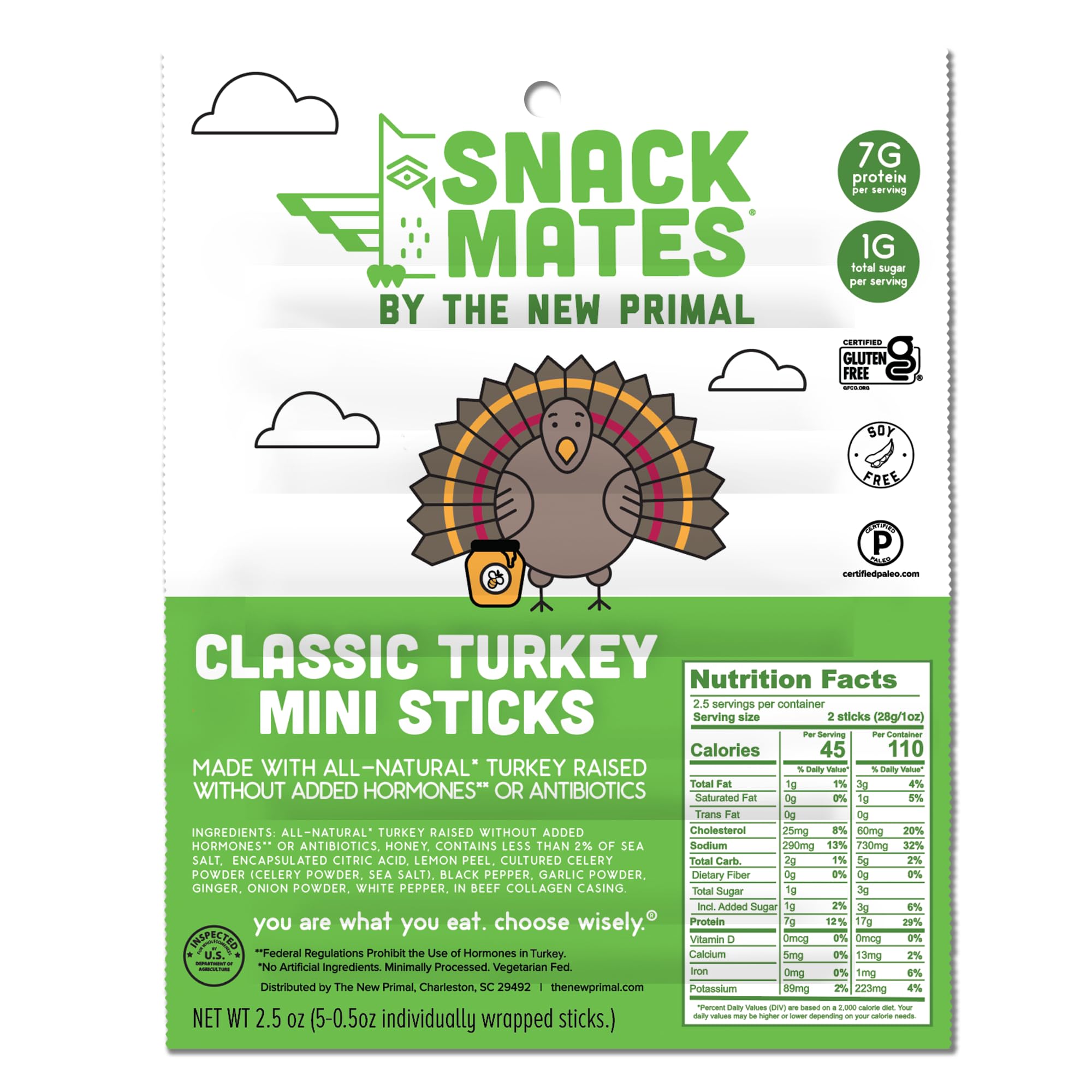Snack Mates by The New Primal, Turkey Stick, All-Natural Turkey, High Protein and Low Sugar Kids Snack, Certified Paleo, Certified Gluten-Free