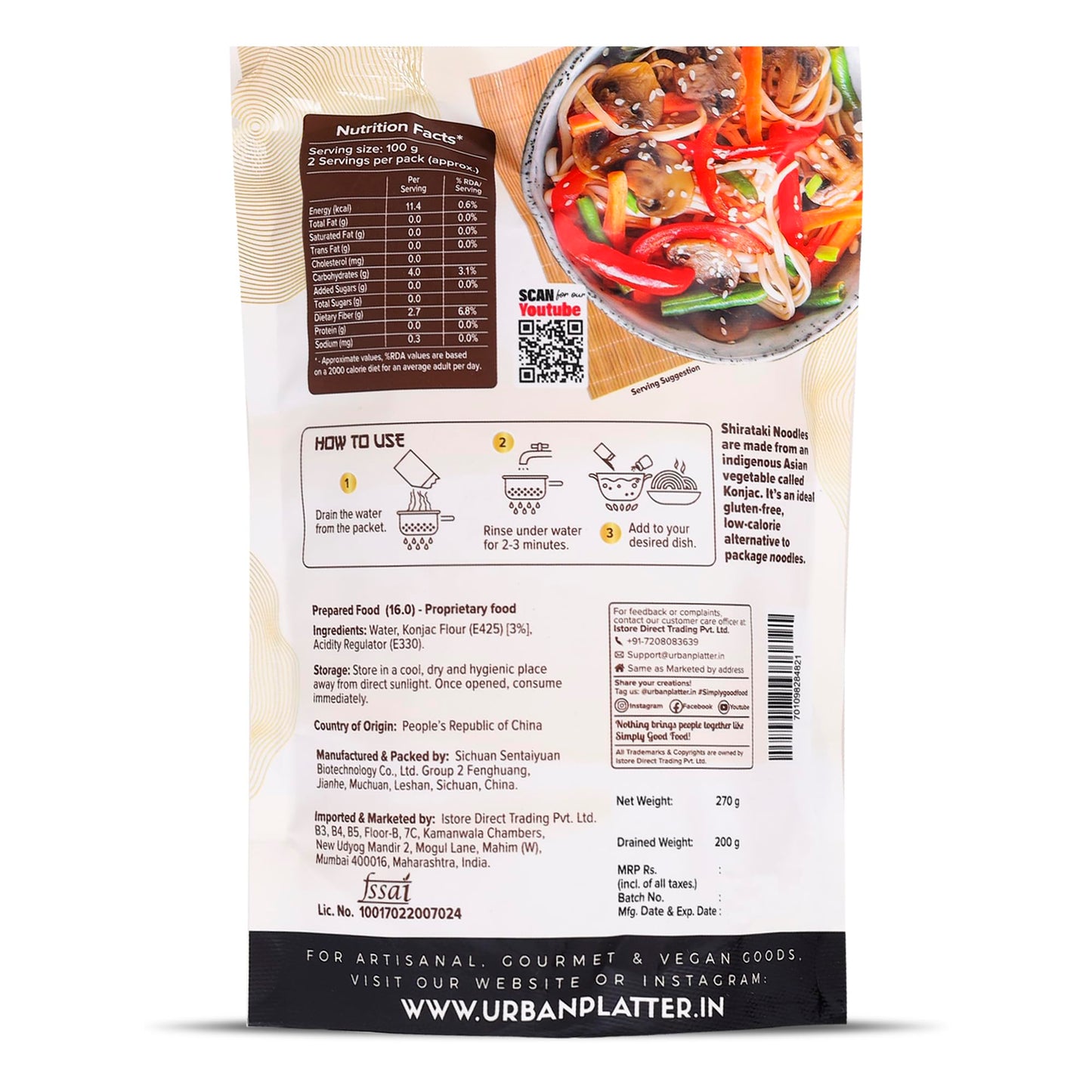 Urban Platter Shirataki Noodles | 9.52 Oz (270g) | Low Calorie & Low Carb Konjac Noodles | Keto, Vegan & Gluten-Free Diets | Fat-Free, High Fiber |