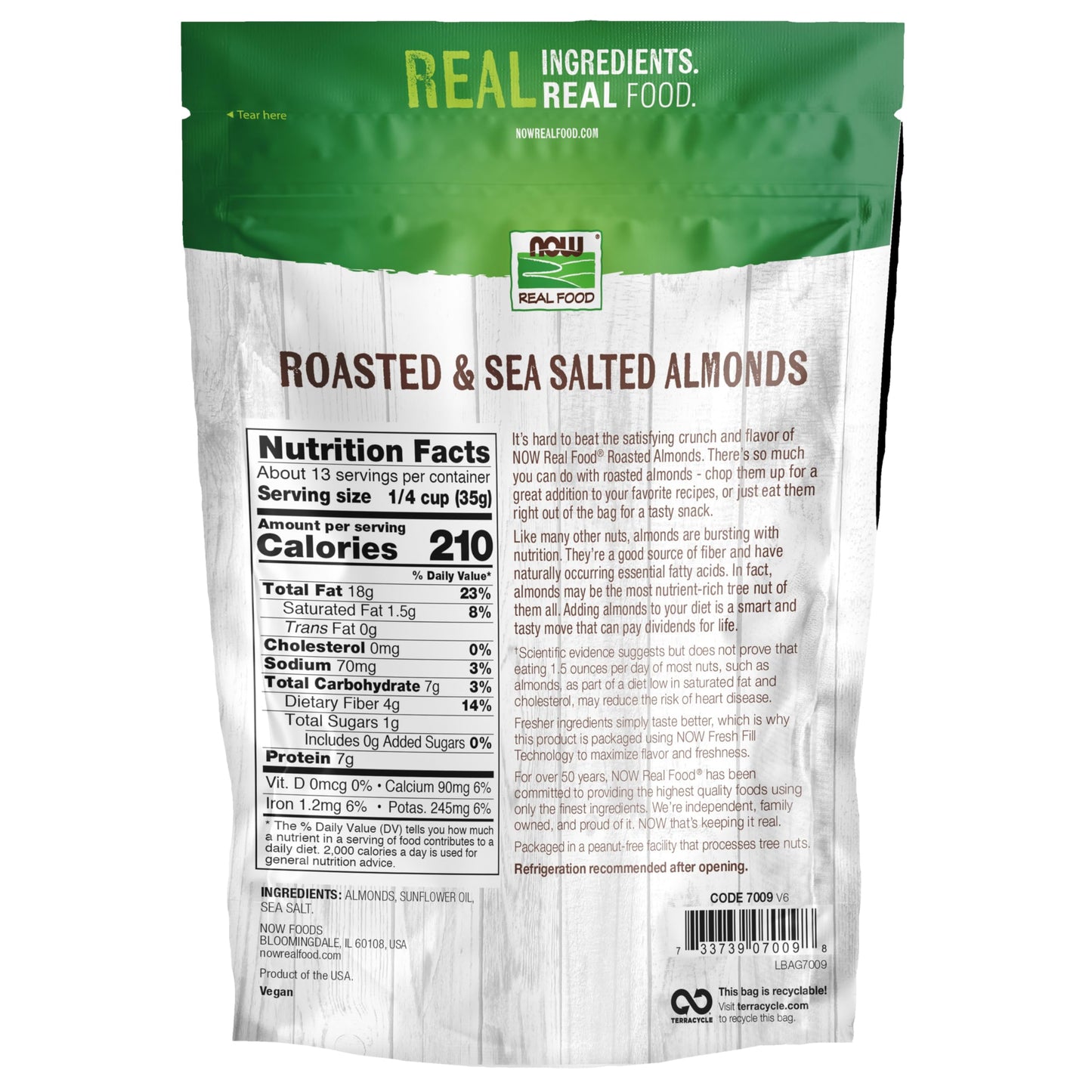 NOW Foods, Almonds, Roasted with Sea Salt, Source of Protein, Fiber and Healthy Fatty Acids, Grown in the USA, Certified Non-GMO, 1-Pound (Packaging
