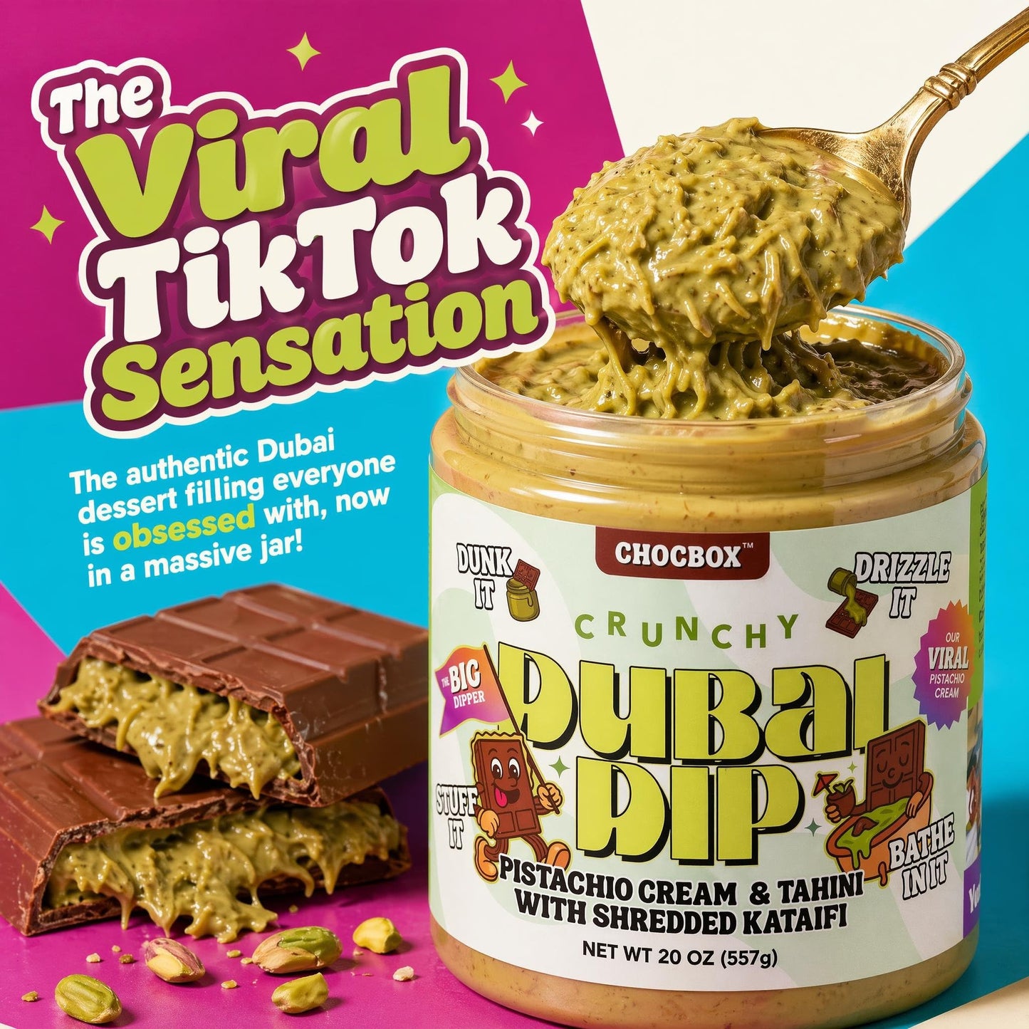 Chocbox Pistachio Cream Spread - Viral Dubai Chocolate Filling with Tahini & Crispy Kataifi - Sweet Savory Dessert Dip - Mother's Day, Gift (20oz)