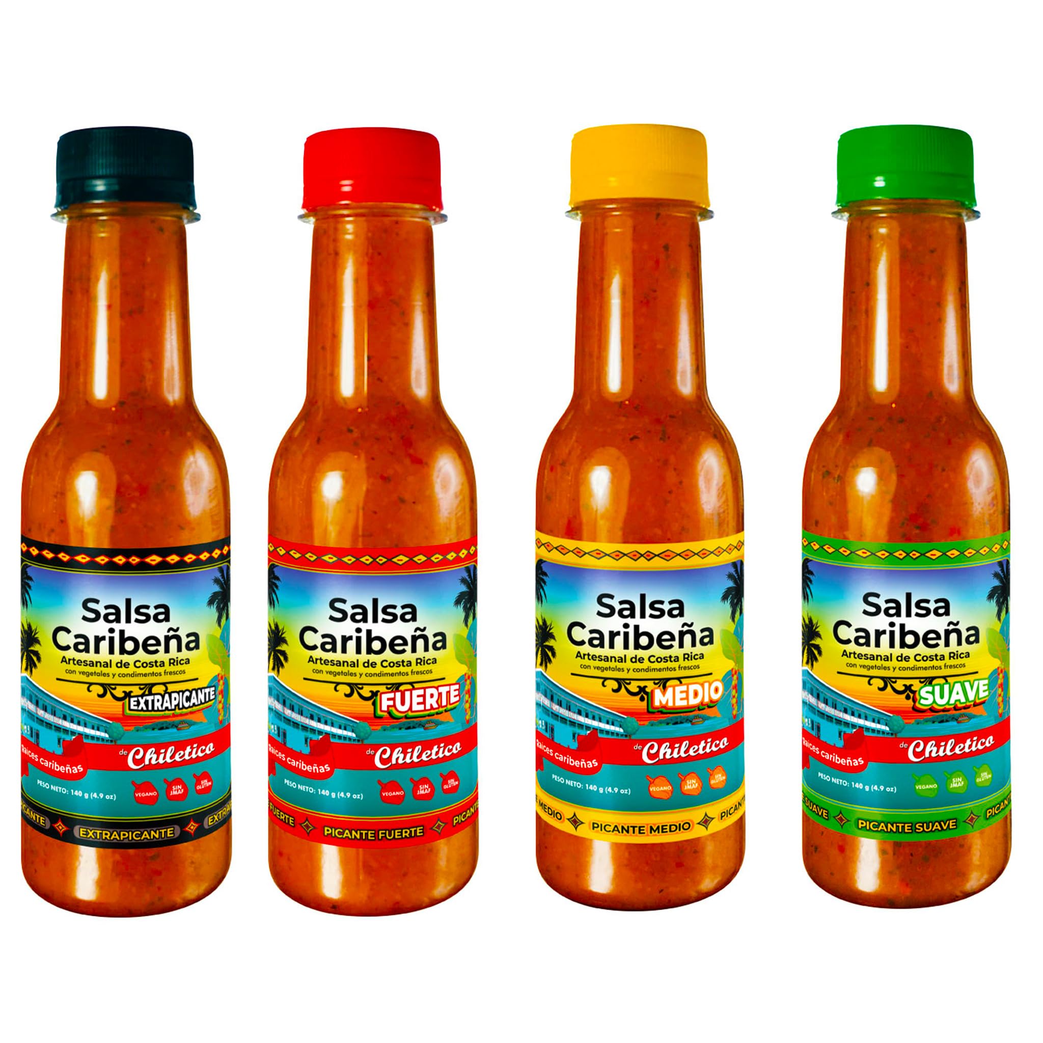 Chiletico Caribbean Hot Sauce Variety Pack - 4-Pack Sampler (Mild, Medium, Hot, Extra Hot) - Authentic Costa Rican Flavor - 4.9 oz Bottles - Total Net