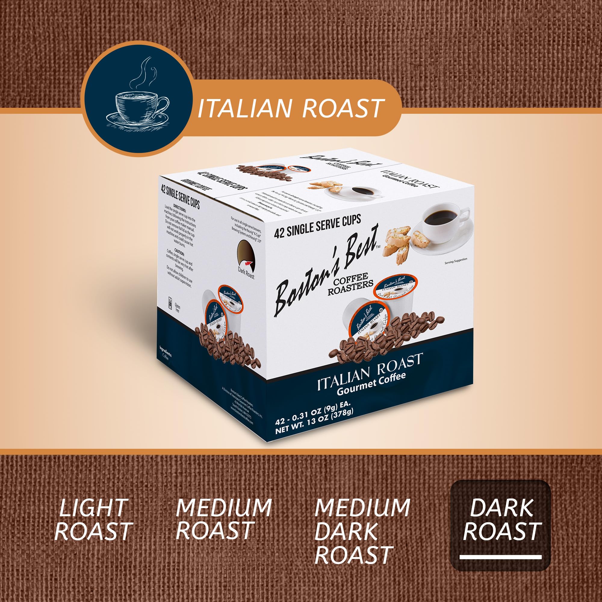 Boston’s Best - Italian Roast, Deliciously Bold Dark Roast Gourmet Coffee Compatible with Keurig Coffee Maker, 1 Count (42 Single Serve Cups)