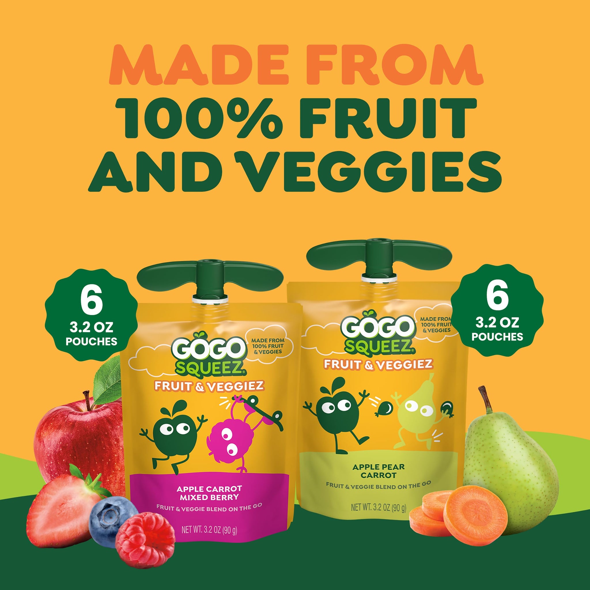 GoGo squeeZ Fruit & veggieZ Applesauce and Puree Variety Pack, Boulder Berry and Zippin' Pear, 3.2 oz (Pack of 12), Unsweetened Snacks for Kids, BPA