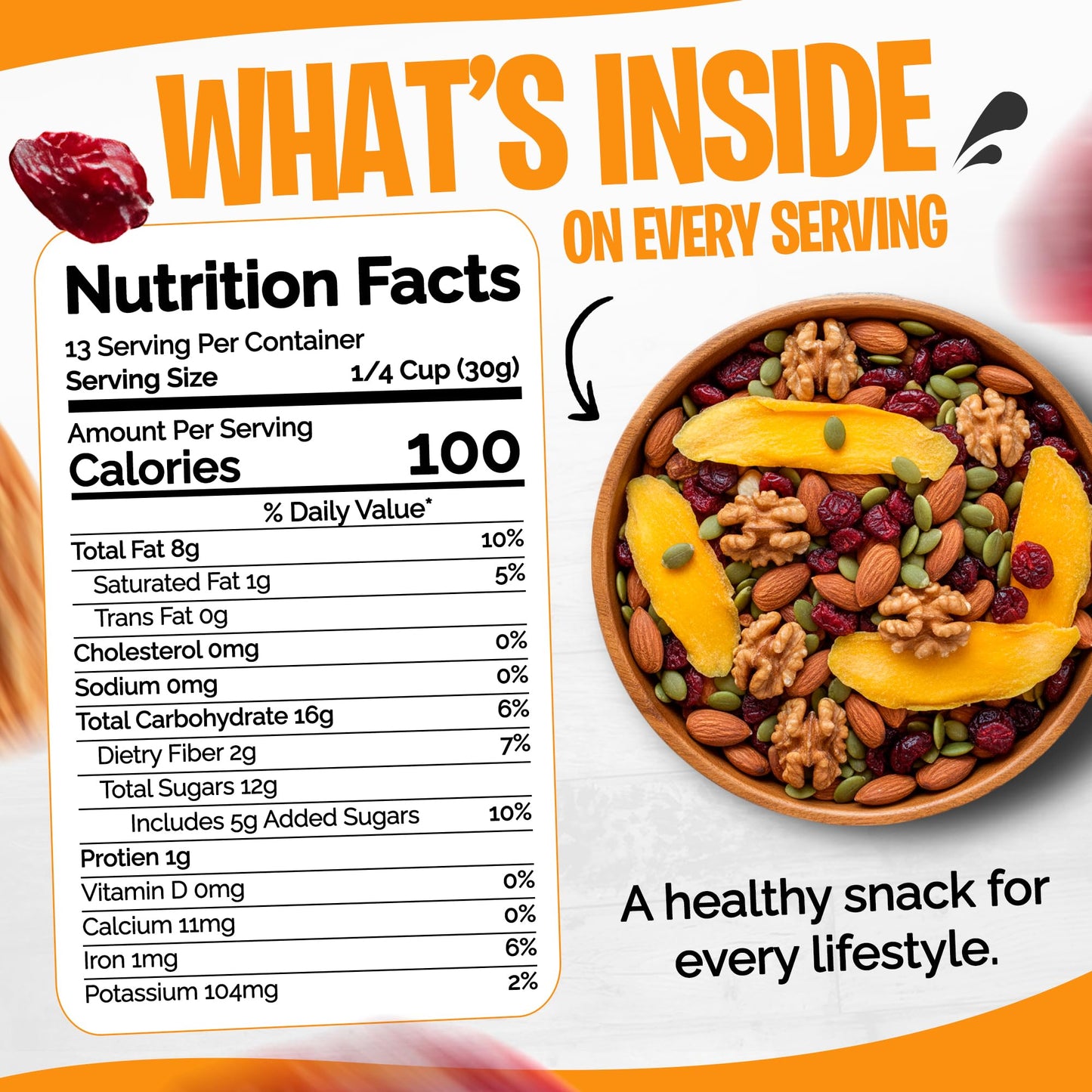 Tidbit Peanut Free Healthy Trail Mix with Almonds, Walnuts, Pumpkin Seeds, Dried Mango & Cranberries - Mixed Nuts with Omega Energy, Vegan Gluten Free