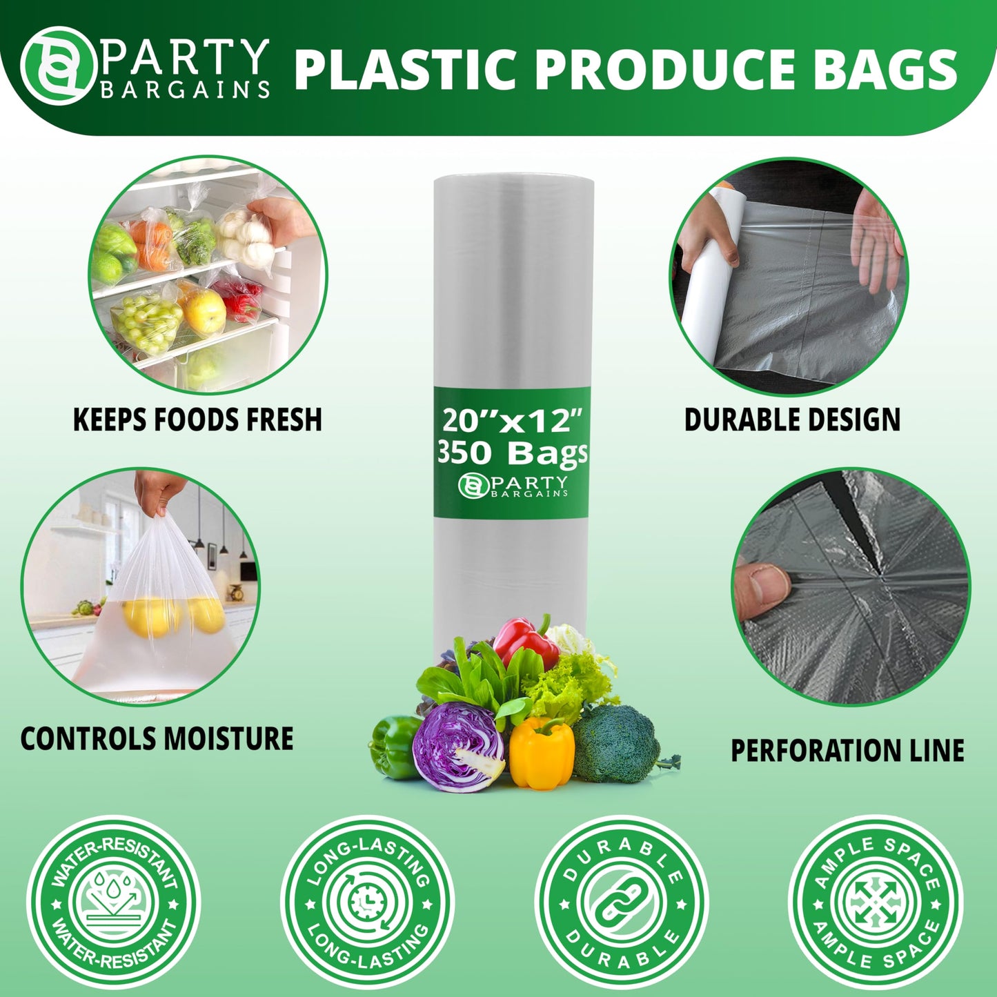 PARTY BARGAINS 20 x 12 Inch Clear Plastic Produce Bags on a Roll, 1400 Count - Food-Grade Polyethylene Grocery Bags for Fruits, Vegetables, Bread