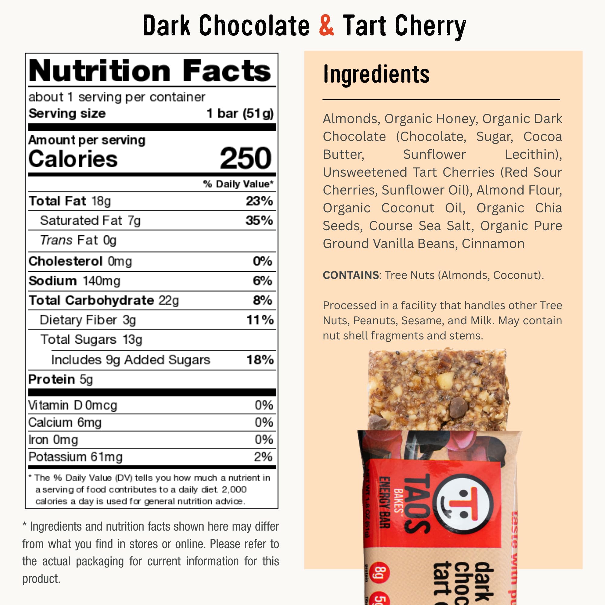 Taos Bakes - Dark Chocolate + Tart Cherry - Breakfast Bars - 8g of Protein, 6g Fiber, & Gluten Free - Healthy Snack for Adults - Filled with Almonds