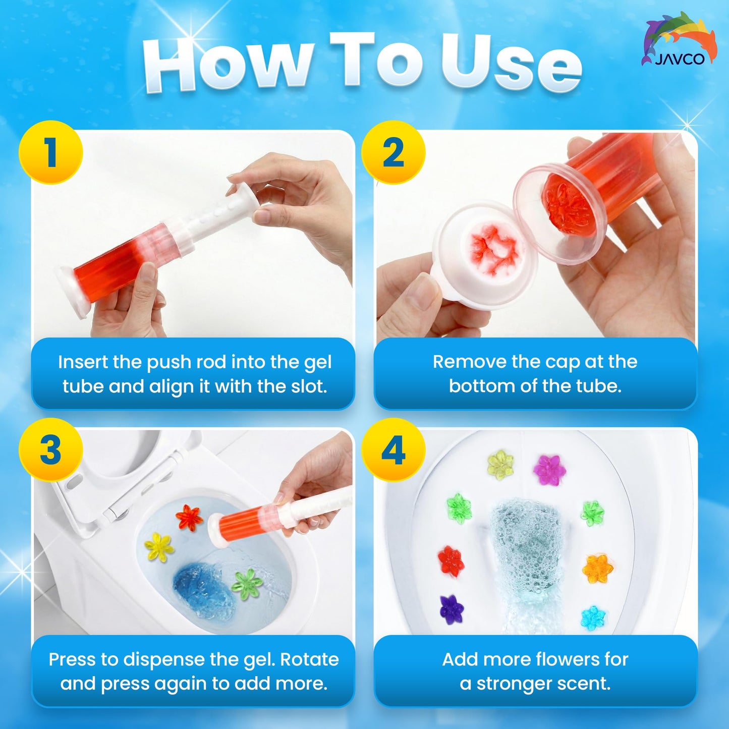 JAVCO Toilet Gel Stamps, 96 Flower Stamps Toilet Bowl Freshener, Long Lasting Toilet Cleaners Gel for Bathroom Odor Control, 8 Mixed Scents, Automatic