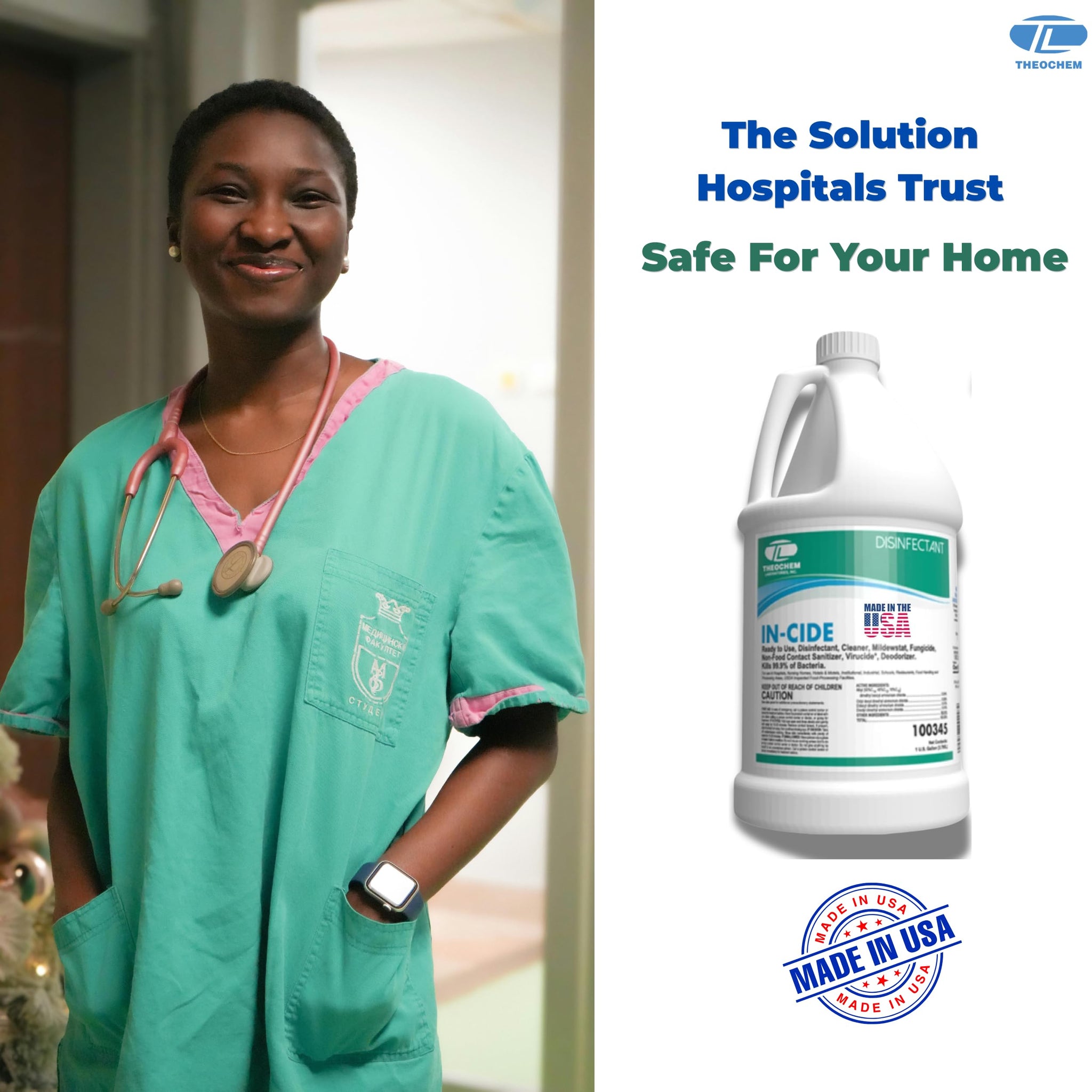 Theochem In-Cide Hospital Grade Disinfectant Spray - EPA Registered Cleaner Kills 99.9% MRSA, H1N1 - Home Office Clinic - Fresh Scent - 1 Gallon +