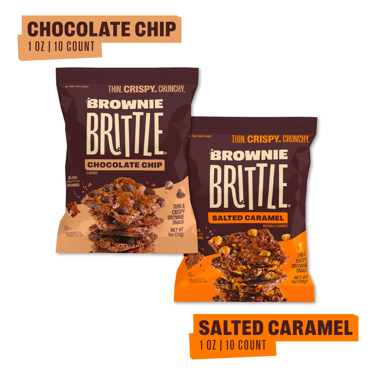 Brownie Brittle - Chocolate Chip & Salted Caramel Thin and Crispy Sweet Snacks (Pack of 20, 1 oz), Rich Gourmet Brownie Bites Dessert