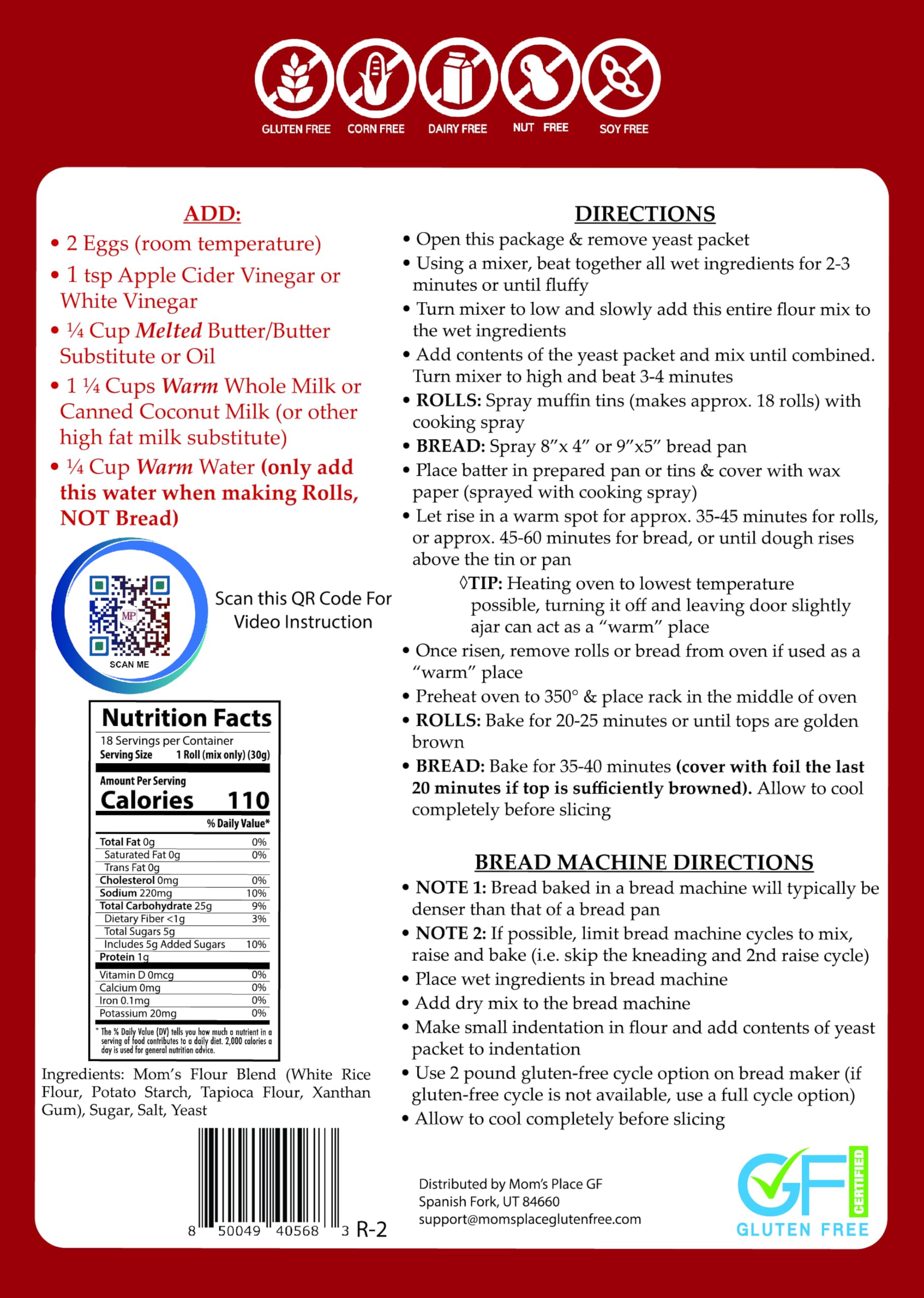Mom's Place Gluten-Free Best Rolls & Bread Mix - Dairy Free, Nut Free, Soy Free, Corn Free, NON GMO, Preservative Free, 19 oz