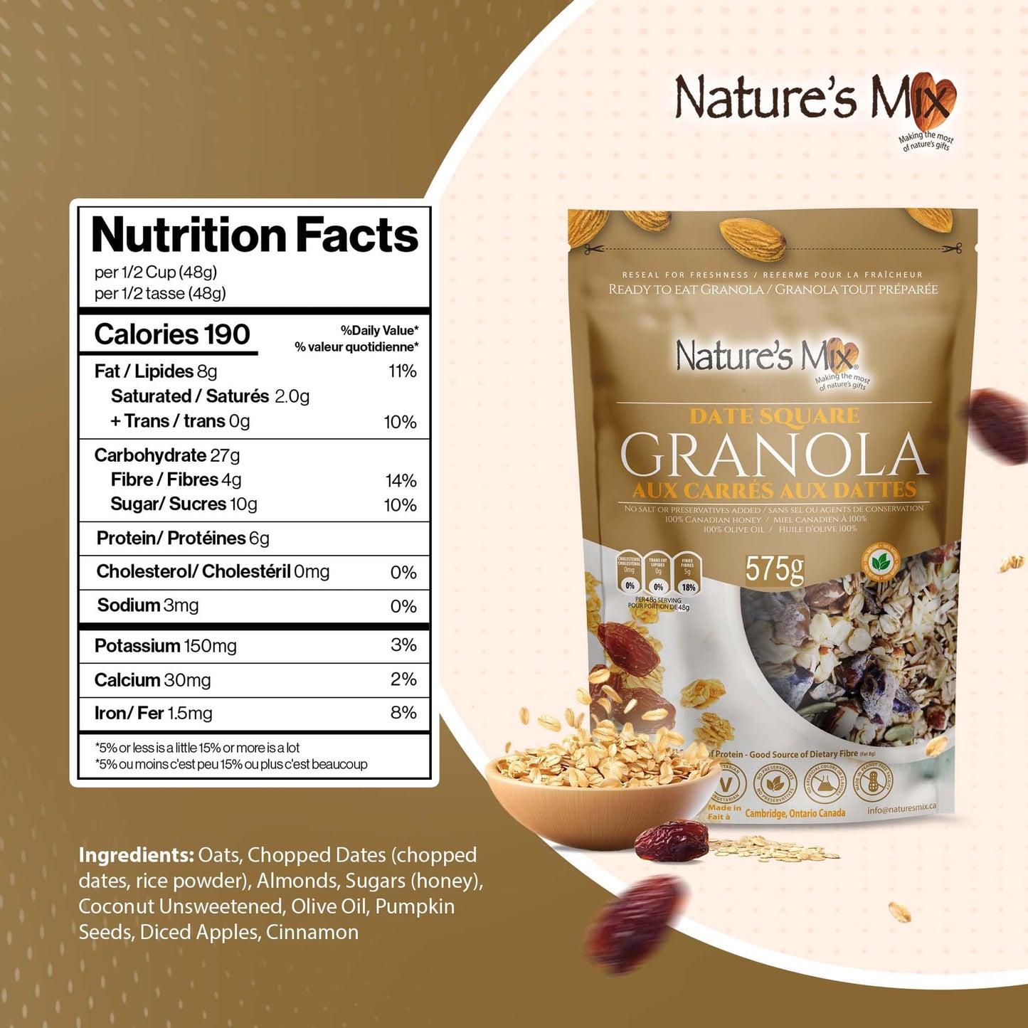 Nature's Mix - Date Square Granola - Oats, Almonds, Dates, Apple and Coconut - Sweetened with Honey - No Sugar, Salt, or Preservatives - Large