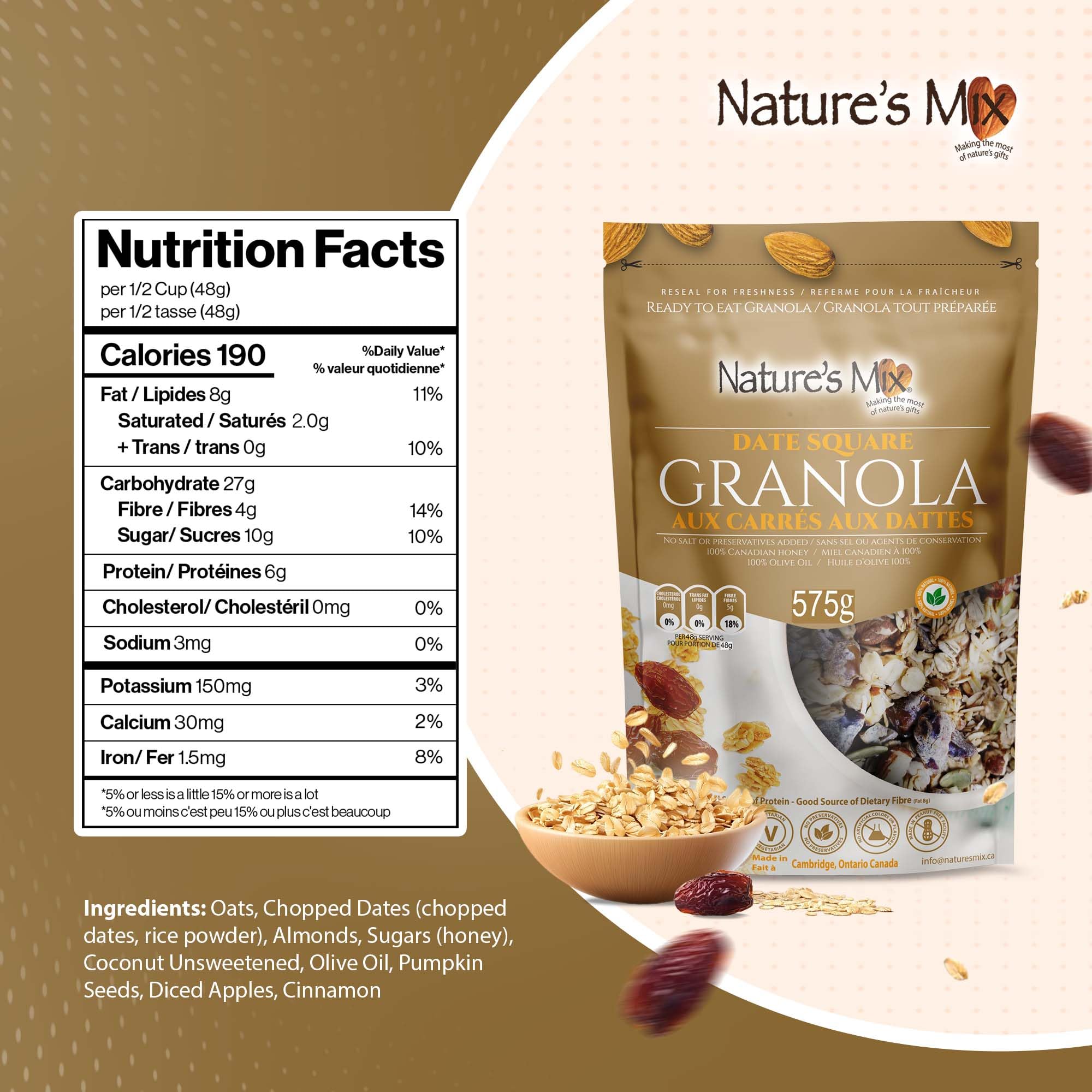 Nature's Mix - Date Square Granola - Oats, Almonds, Dates, Apple and Coconut - Sweetened with Honey - No Sugar, Salt, or Preservatives - Large