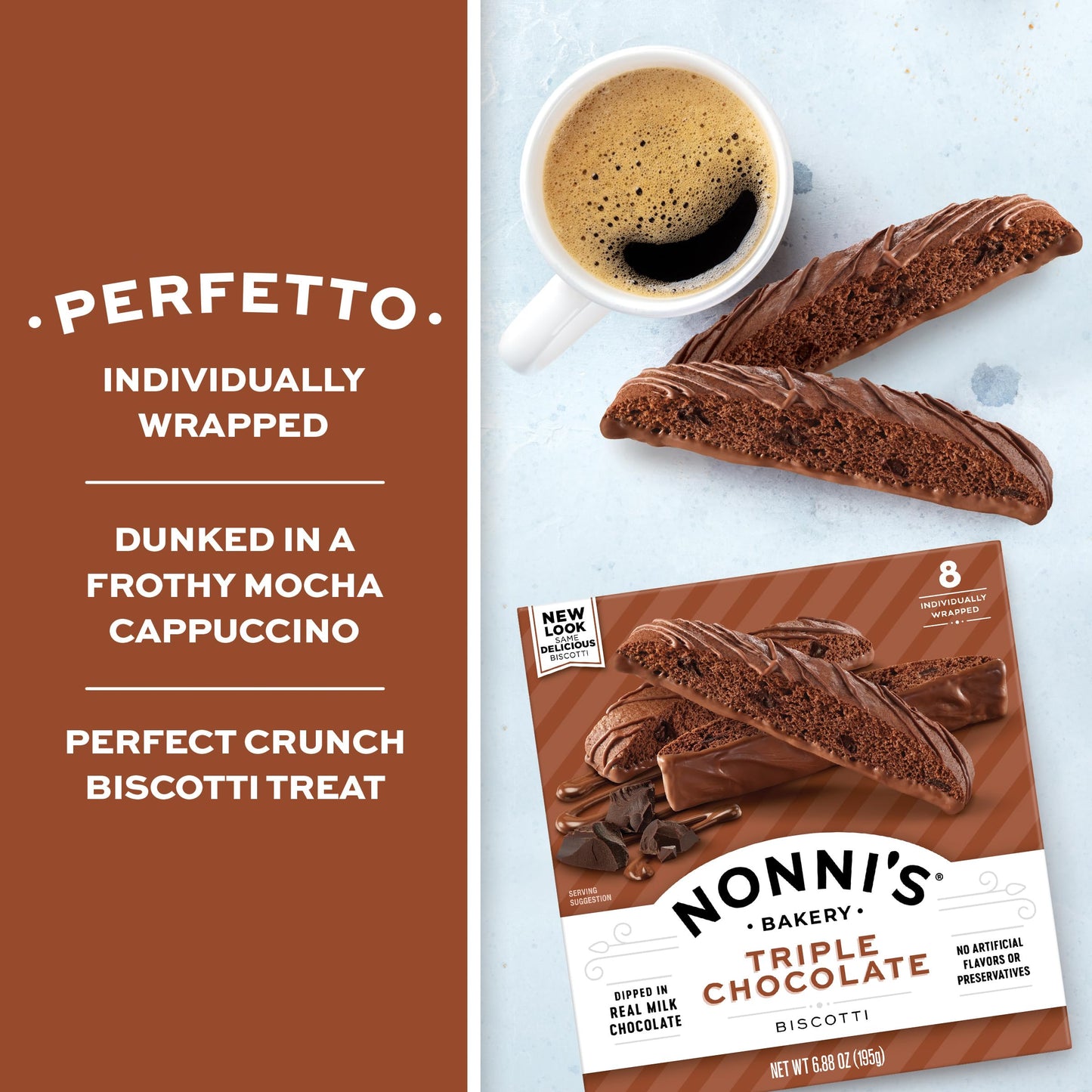 Nonni's Triple Chocolate Biscotti, Individually Wrapped Italian Cookie Snacks, 8 Servings (Pack of 1)