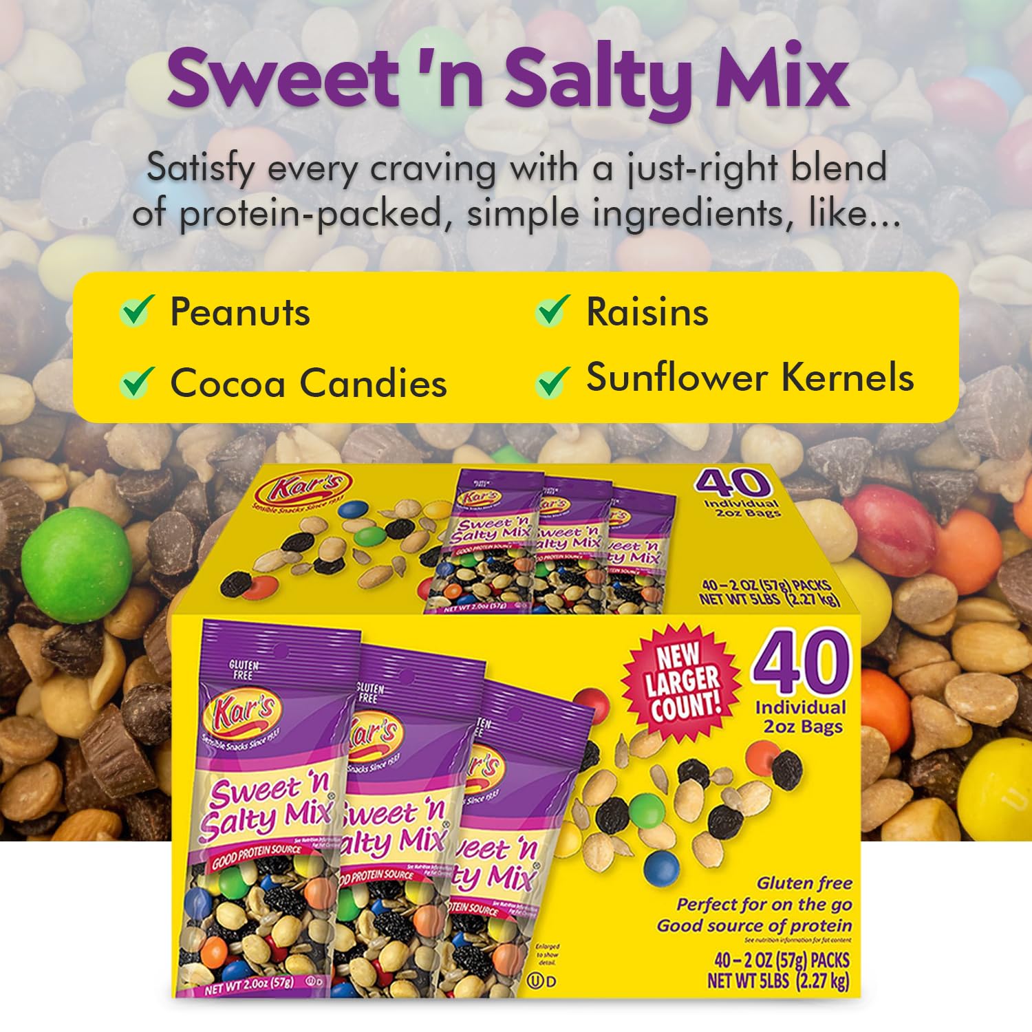 Kar’s Sweet and Salty Trail Mix - 40-Pack Trail Mix Individual Packs 2oz - Gluten-Free Trail Mix Bulk - Rich Source of Protein - Sweet and Salty