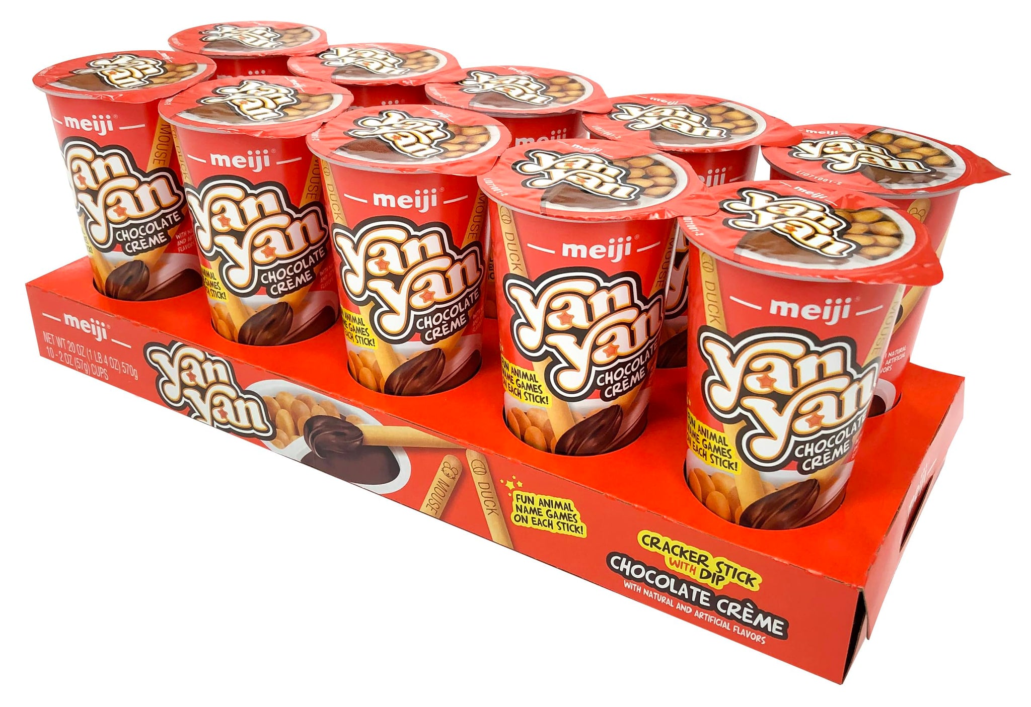 MEIJI Yan Yan Dipping Sticks, Chocolate Crème - 2 oz, Pack of 10 - Cracker Sticks with Fun Animals Phrases