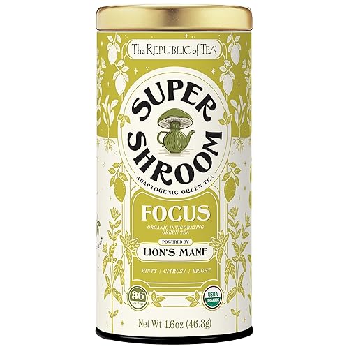 The Republic of Tea SuperShroom Focus Lion’s Mane Green Tea, Organic Peppermint and Lemon Blend, Naturally Caffeinated, Unbleached Tea Bags in