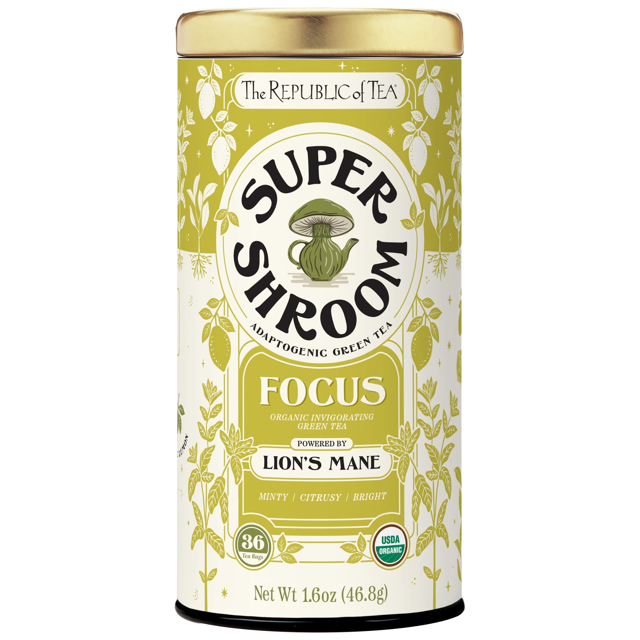 The Republic of Tea SuperShroom Focus Lion’s Mane Green Tea, Organic Peppermint and Lemon Blend, Naturally Caffeinated, Unbleached Tea Bags in