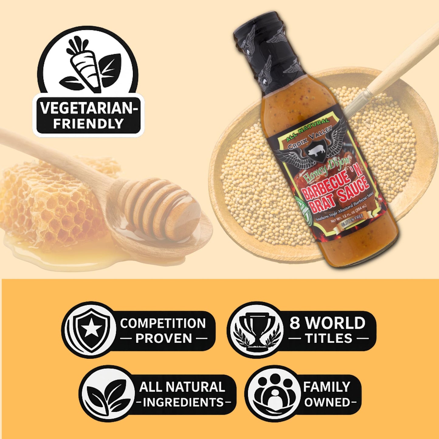 Croix Valley Honey Dijon BBQ 'n Brat Sauce - 3 Pack (12 oz Glass Bottles) - Sweet Honey & Tangy Dijon Mustard - Gluten-Free, No MSG, No High Fructose