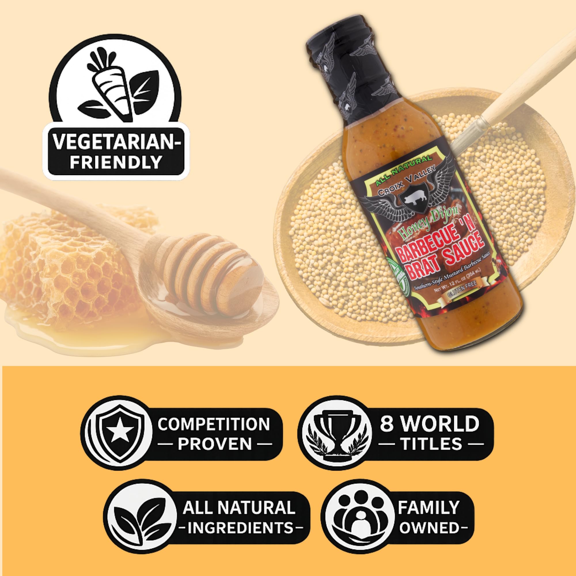 Croix Valley Honey Dijon BBQ 'n Brat Sauce - 3 Pack (12 oz Glass Bottles) - Sweet Honey & Tangy Dijon Mustard - Gluten-Free, No MSG, No High Fructose