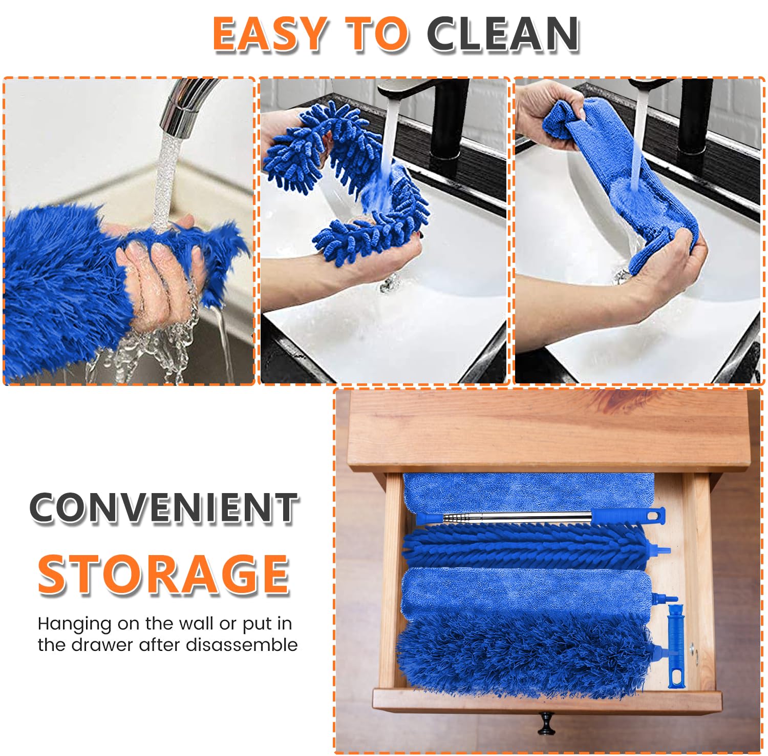 Professional Microfiber Feather Dusters for Cleaning, 6PCS Extendable Bendable Dusters with 100" Telescopic Pole, Washable & Reusable Cleaning Kit