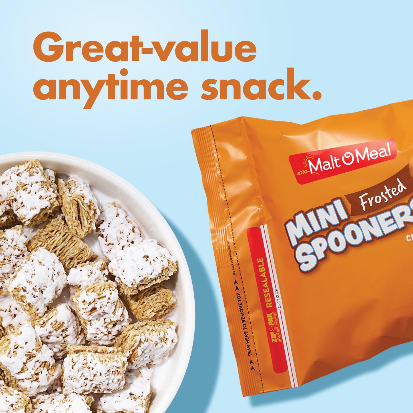 Malt-O-Meal Mini Frosted Spooners Breakfast Cereal, Sweet Frosted-Wheat Squares, Family Bulk Size, 27 oz Resealable Bag