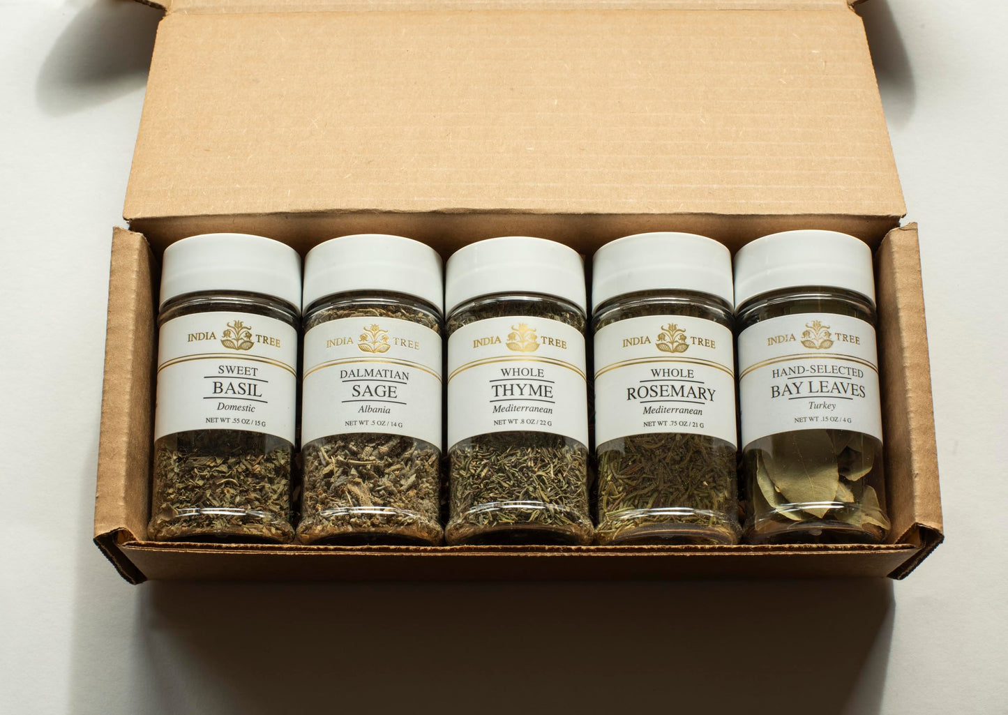 India Tree Kitchen Herb Essentials Gift Pack - 5 Jars of Mediterranean Thyme, Dalmatian Sage, California Basil, Turkish Bay Leaves, and Mediterranean