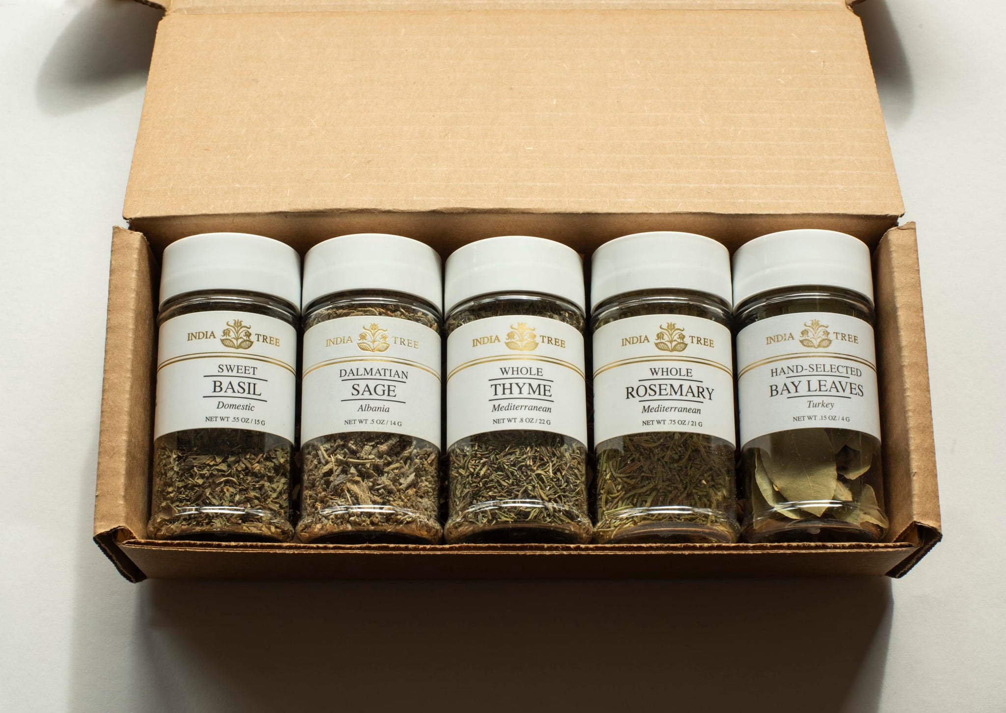 India Tree Kitchen Herb Essentials Gift Pack - 5 Jars of Mediterranean Thyme, Dalmatian Sage, California Basil, Turkish Bay Leaves, and Mediterranean