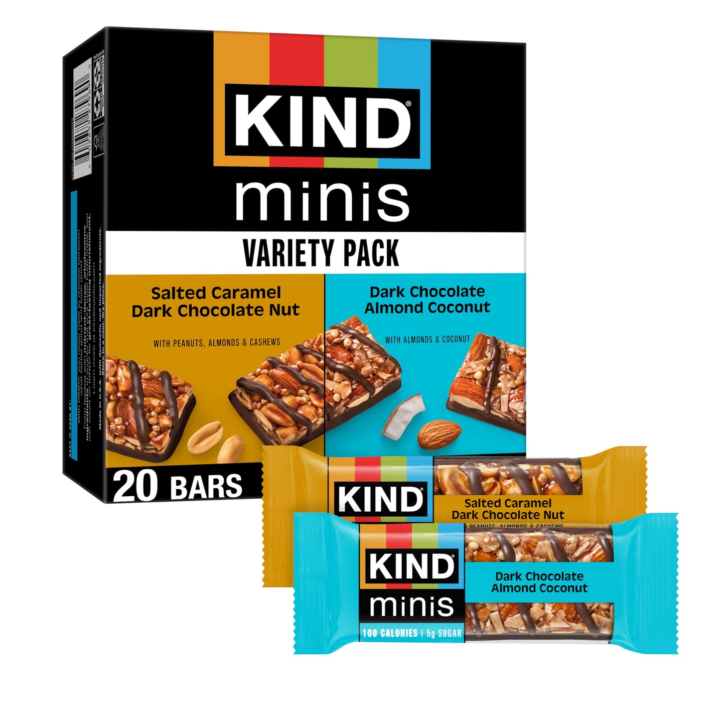 KIND Mini Snack Bars Variety Pack, Gluten Free, Low Sugar, Low Calorie Snacks, Salted Caramel Dark Chocolate Nut, Dark Chocolate Almond Coconut, 20