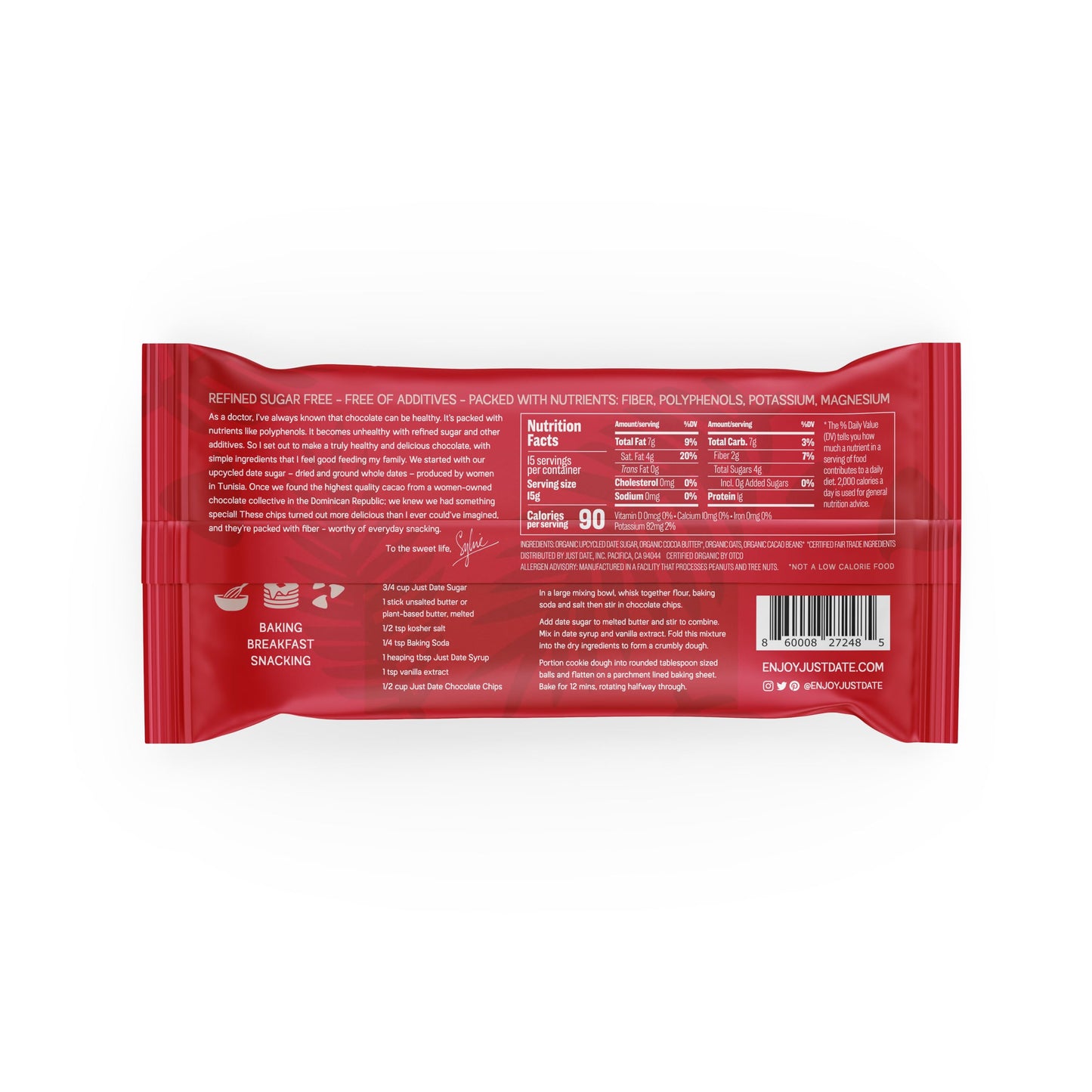Just Date Organic Date Sweetened Milk Chocolate Chips / 35% Cacao/Vegan/No Sugar Added/Only 4 Ingredients/Low Glycemic Index / 8 Oz