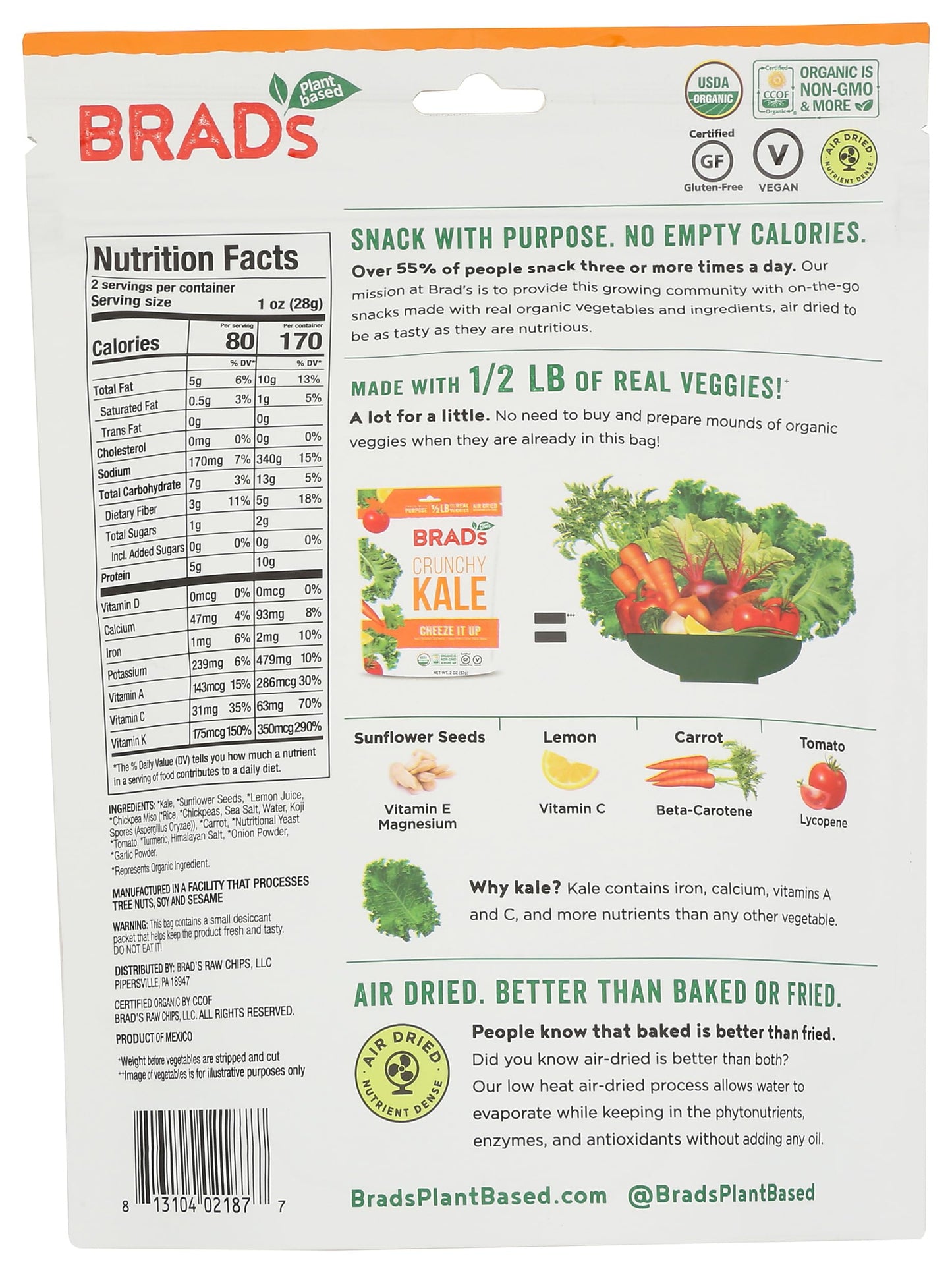 Brads Plant Based Kale Cheeze It Up Chip, 2 Oz
