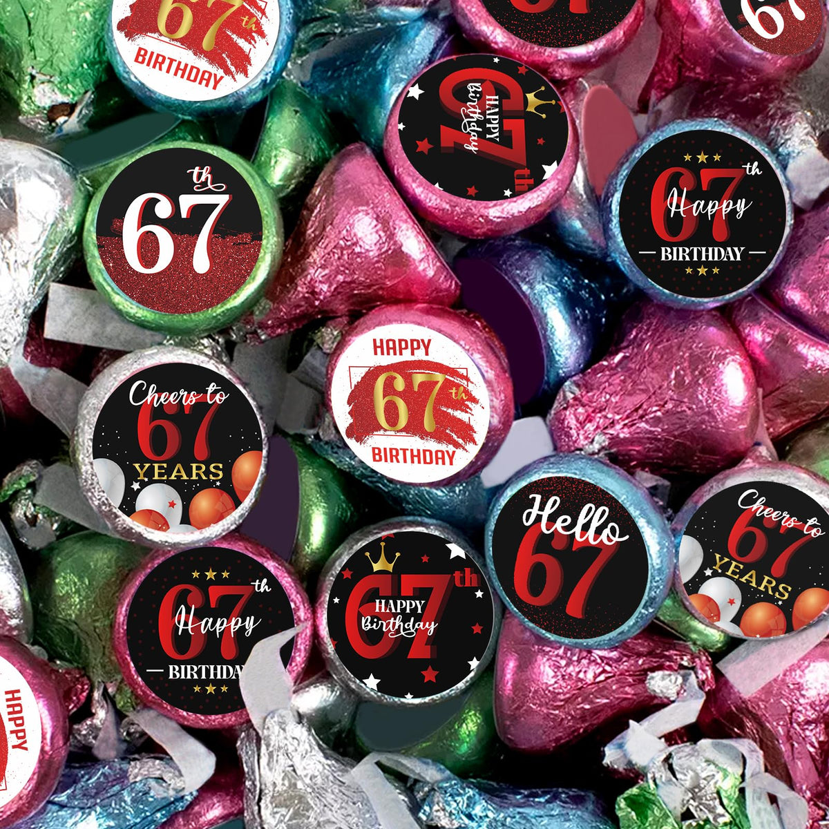 Happy 67th Birthday Party Favor Labels Chocolate Candy Stickers - 67 Years Old Birthday Round Candy Sticker Party Favors - Black and Red - 150