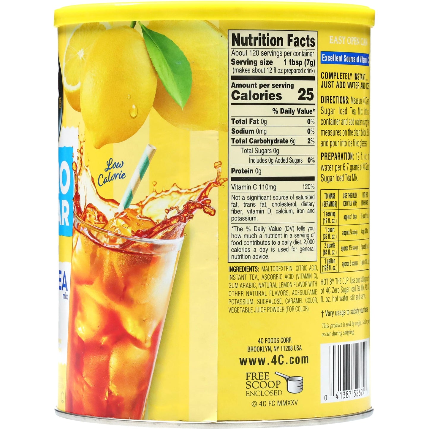 4C Zero Sugar Powdered Drink Mix Cannisters, Zero Sugar Lemon Iced Tea, 45 Quarts, Family Sized Cannister, Low Calorie, Thirst Quenching Flavors